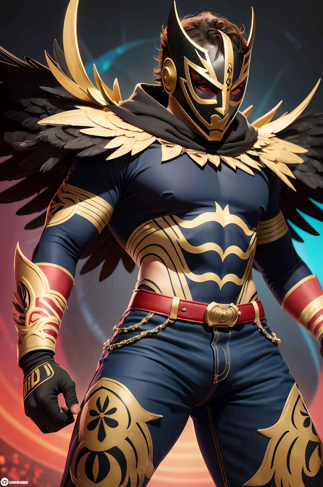 luchador latino enmascarado, la mascara es de un halcon, tiene el torso descubrierto, y usa pantaloncillos negros y detalles en rojo, detallado, hiperrealista, octane render, intrincado --auto --s2