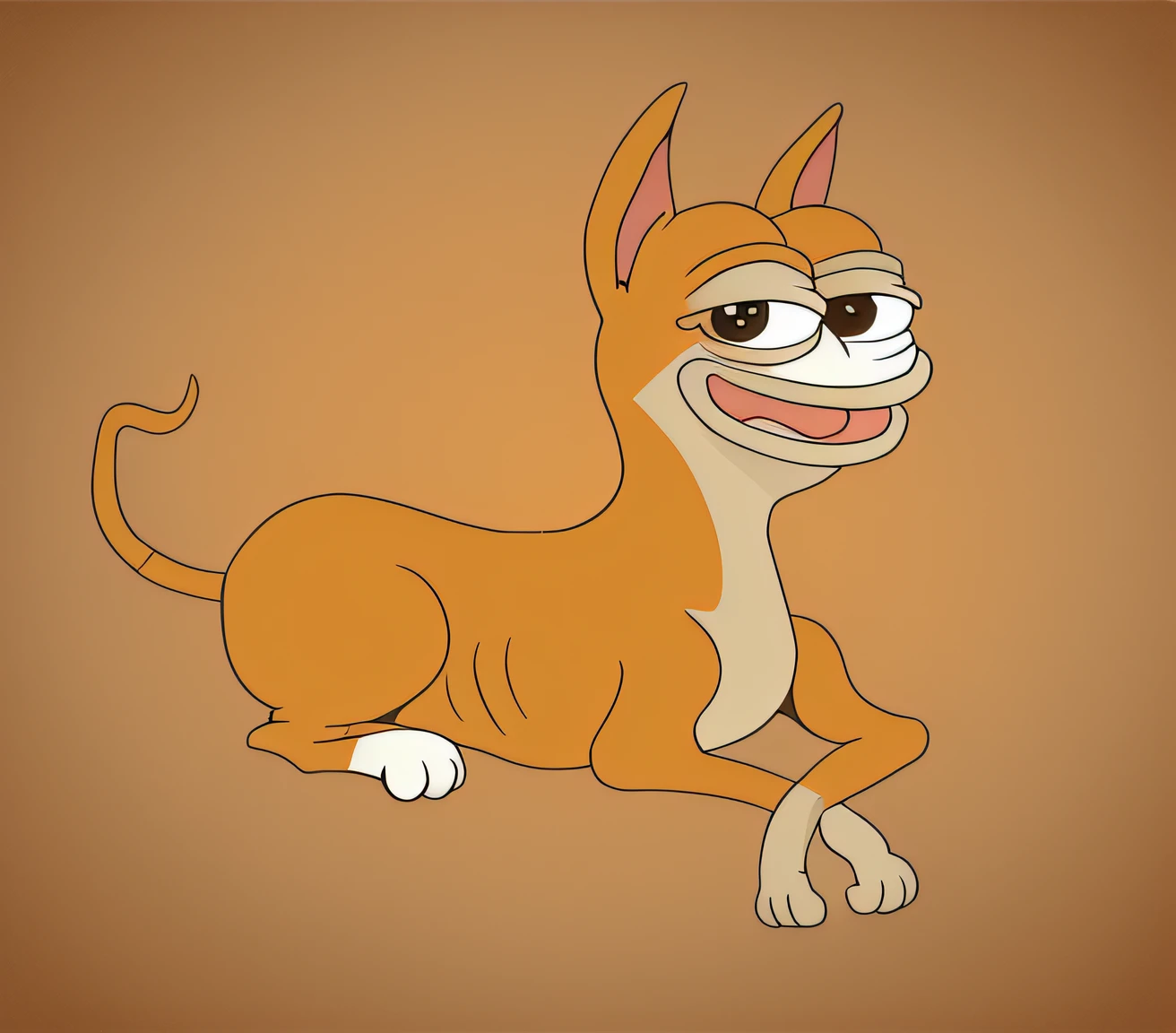 A Pepe dog lying on his stomach, anthropomorphic dog, cartoon creature, cartoonish style, outlines!!!, drawn with photoshop, In a smile, outlines, anthropomorphic cat, illustration，There are spots on the body