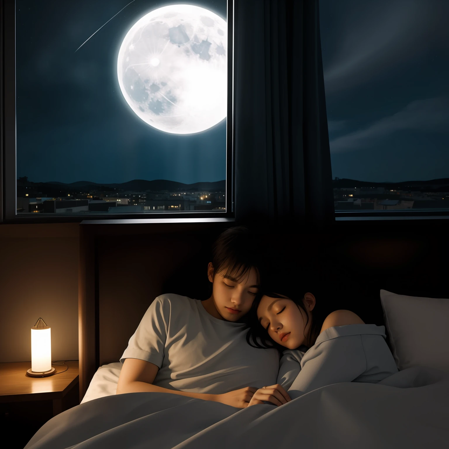 Couple Sleeping in bed together, snuggling, tired, apartment setting, tucked in, home, middle class apartment, Window above the bed, starry night sky, (natural skin texture, hyperrealism, soft light, sharp), night time, apartment light illumination, moonlight illumination