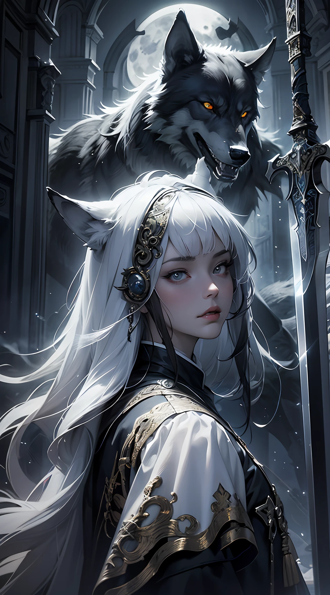 （hoang lap，A high resolution，hyper detailled），Black Soul theme，Off-white，big sword，Fur trimmed cape，wolf women，A wolf is around，Background of details，Bone fire，Northern Valley，Irithyll，Cold moon，Rule of thirds - no watermark，boundage，Diablo 4 style，intricate-detail，Aura of evil，Diablo color theme，（offcial art，Beauty and aesthetics：1.2），（Dark art，erode，s fractal art：1.3），rich colourful，horryfing，highest details