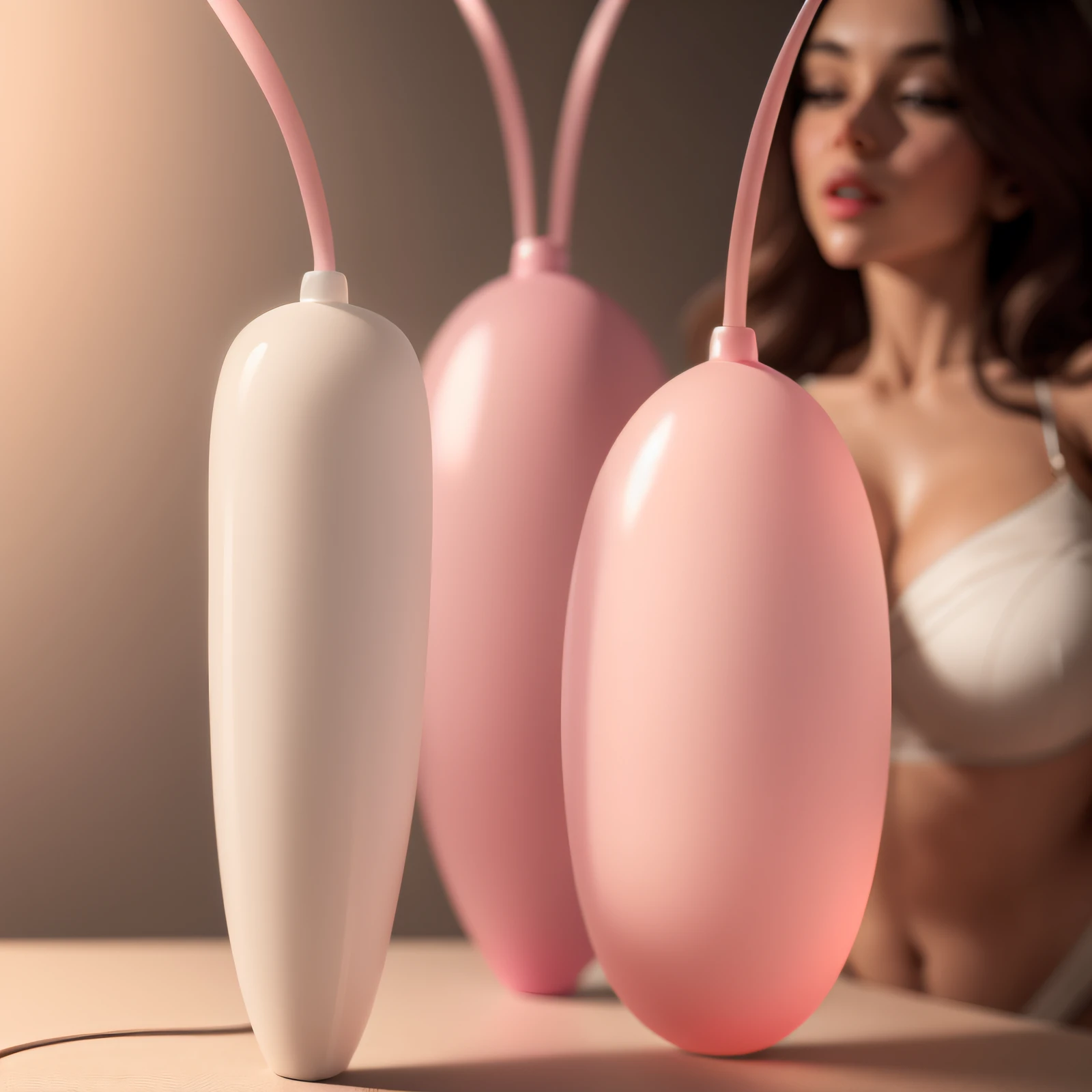 Two pink adult toys, Smooth pink skin,insanely inflated hips, long pointy pink nose, highly capsuled，Whiplash cream top style：0.2 crystal cups，In a realistic environment