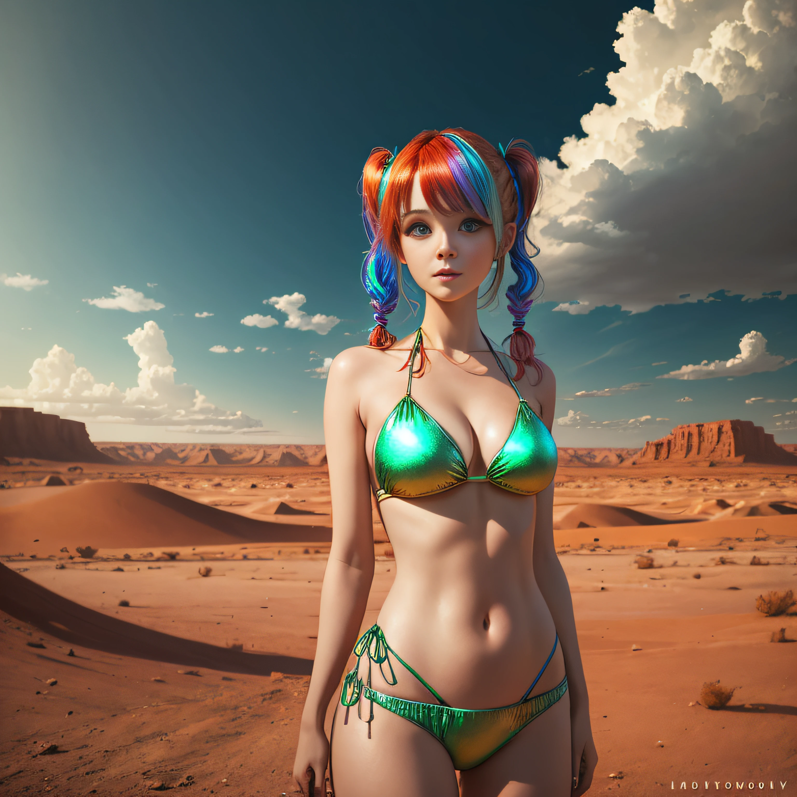 cute redhead woman in twin tails, multiple rainbow colored hair, sky-blue eyes, happy, Ukrainian, ite, pale skin, wearing a green metallic color bikini, post apocalyptic background, bleak barren desert, photo realistic woman. --auto