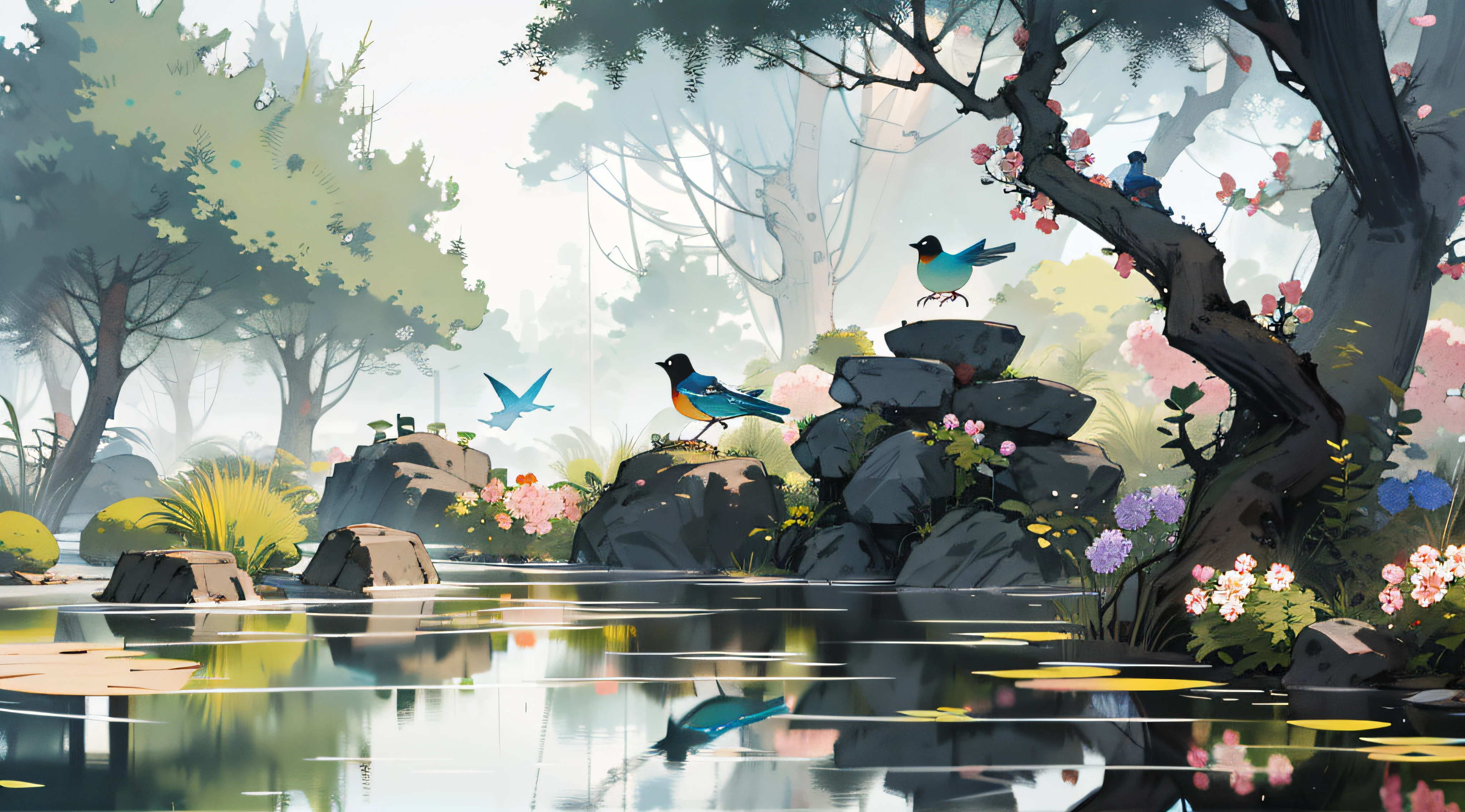 Flowers and bushes, birds in a tree, beautiful stones, a serene pond