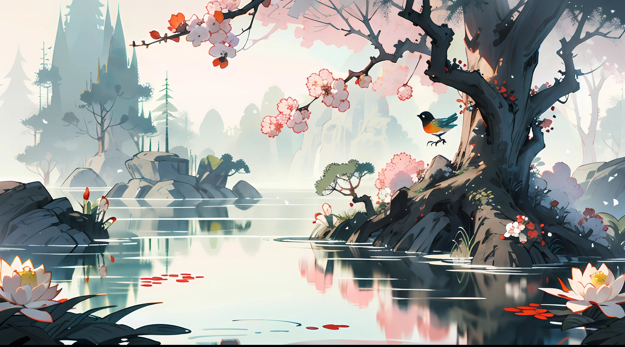 Flowers and bushes, birds in a tree, beautiful stones, a serene pond