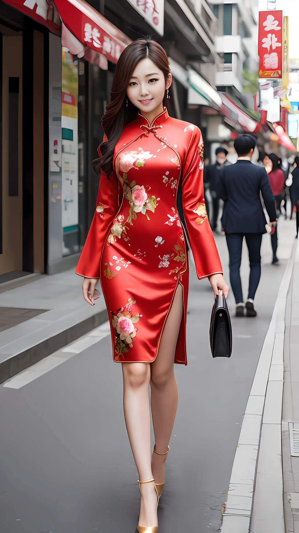Realistic street shooting of Korean beautiful girls wearing cheongsam golden ratio full-body single photos --auto