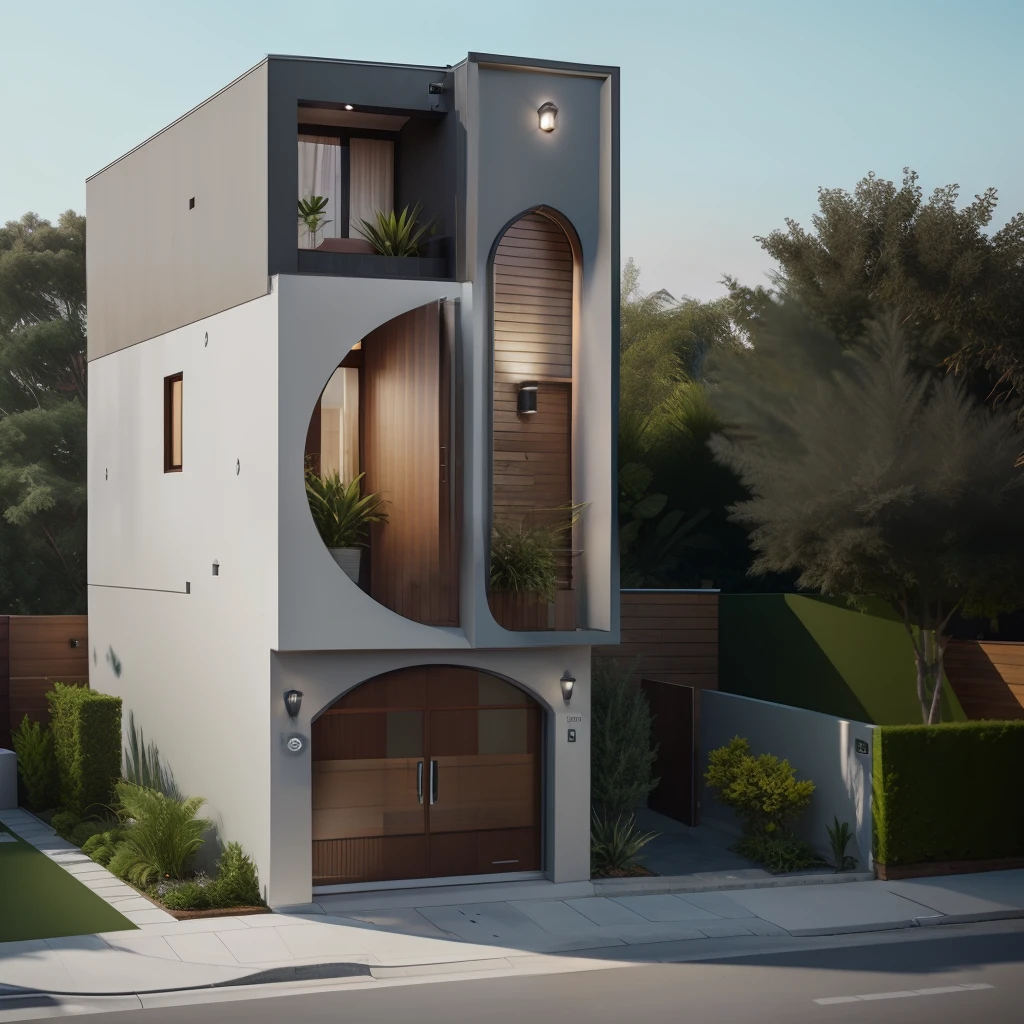 Townhouse, daylight ( best quality) ((high solution)) ,(( photo realistic)) ,warm light, (sharp focus) front view of townhouse in style of modern,small house, Narrow area,VietNam,facade, curved arch,beautiful facade,curved windown,narrow and long ,two-storey,mutual colours, soft lighting, warm atmosphere,high Resolution, hyper detailed,4k ,vray render, octane render, hyper realistic, photography expert ,exterior design , professional photography, exterior photography,wide-angle shot , ultra detail , high Resolution , full frame, full body