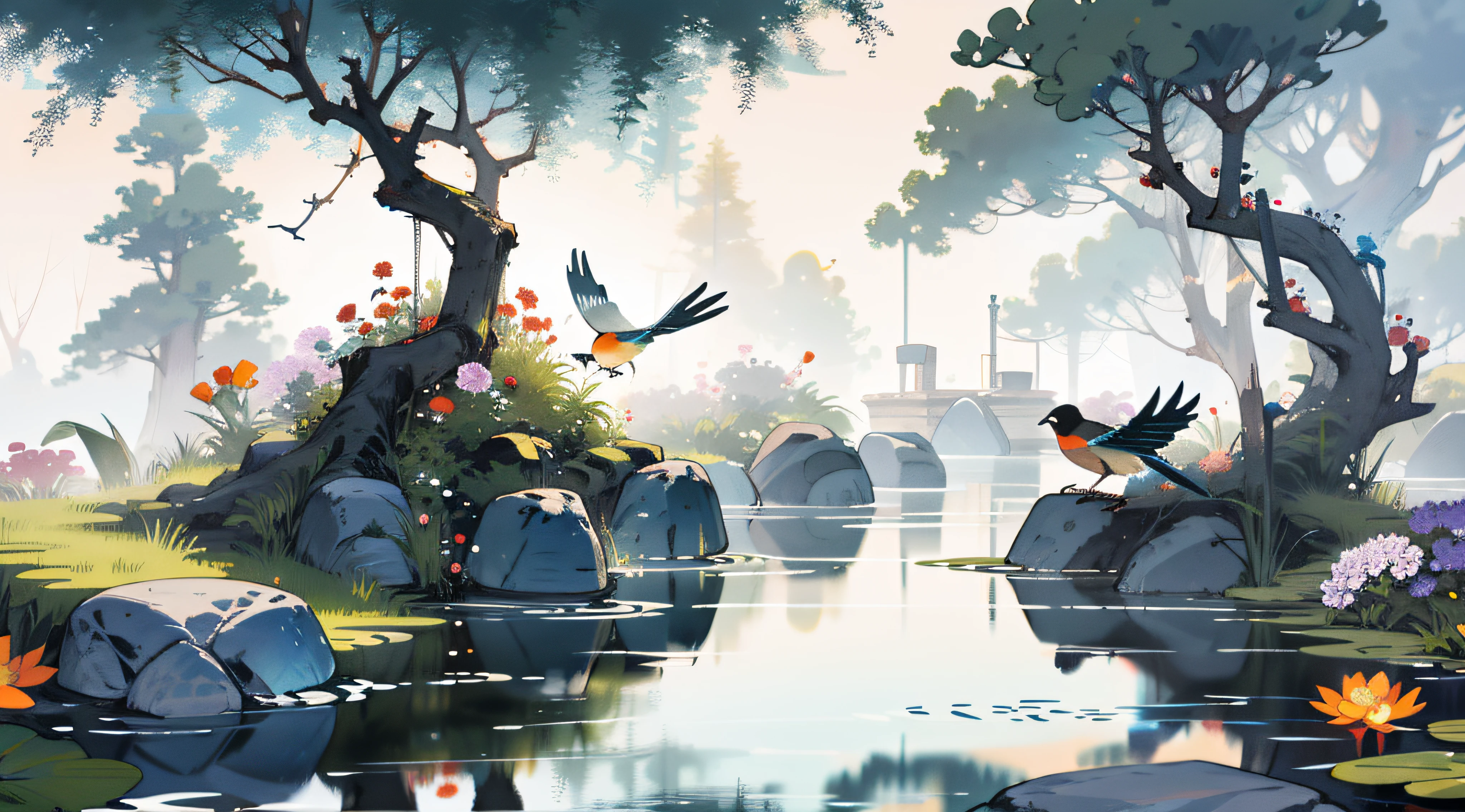 Flowers and bushes, birds in a tree, beautiful stones, a serene pond