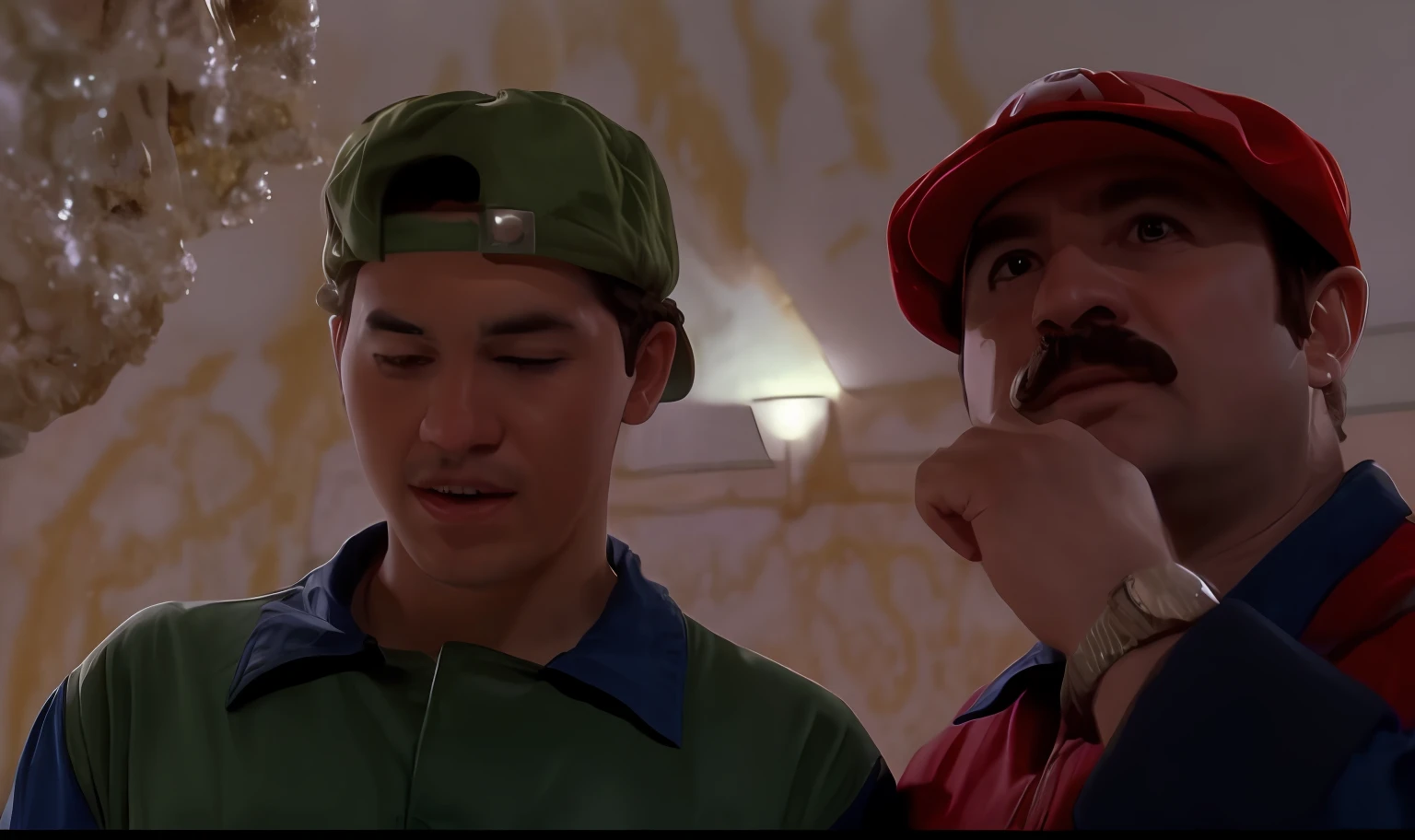there are two men in hats standing next to each other, super mario bros 1 9 8 5, mario bros, mario as a real person, mario, inspired by Mario Cooper, scene from live action movie, inspired by Mario Comensoli, mario in real life, super mario in matrix, still from live action movie, mark edward fischbach