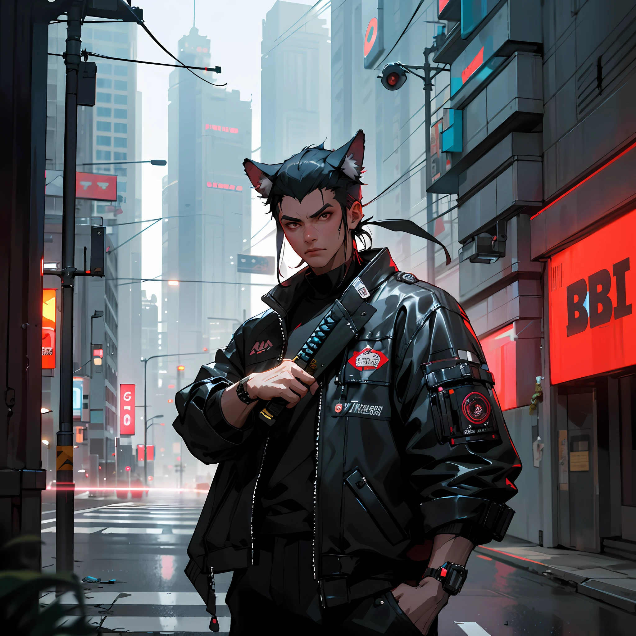 arafed dog in a leather outfit with a sword in a city, cyberpunk samurai, urban samurai, portrait of a cyberpunk samurai, very beautiful cyberpunk samurai, badass anime 8 k, street samurai, wojtek fus, cyberpunk street goon, in cyberpunk style, hyper-realistic cyberpunk style, cyberpunk art style, has cyberpunk style, in style of beeple, in cyberpunk city