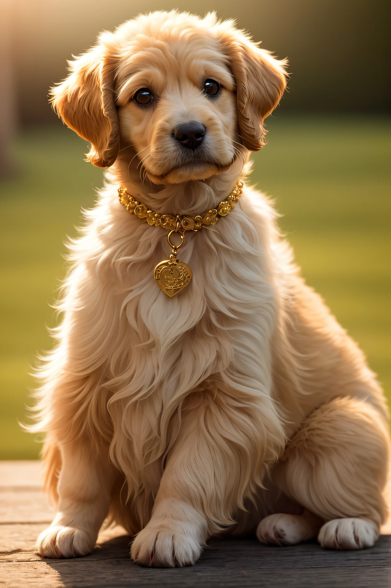 Very cute cavoodlepup illustration, 8k resolution, high resolution, super detailed, with a clear focus on the very detailed character design of the ultra high definition golden plush poodle. The use of rim lights, soft lights and sun flares should add depth and mood to the image. A fluffy, misty light gold floral background with a subtle mist effect is ideal, adding a touch of mystery to the illustration. Vibrant Color should be used to bring the puppy to life, emphasizing the puppy's fluff and character.
