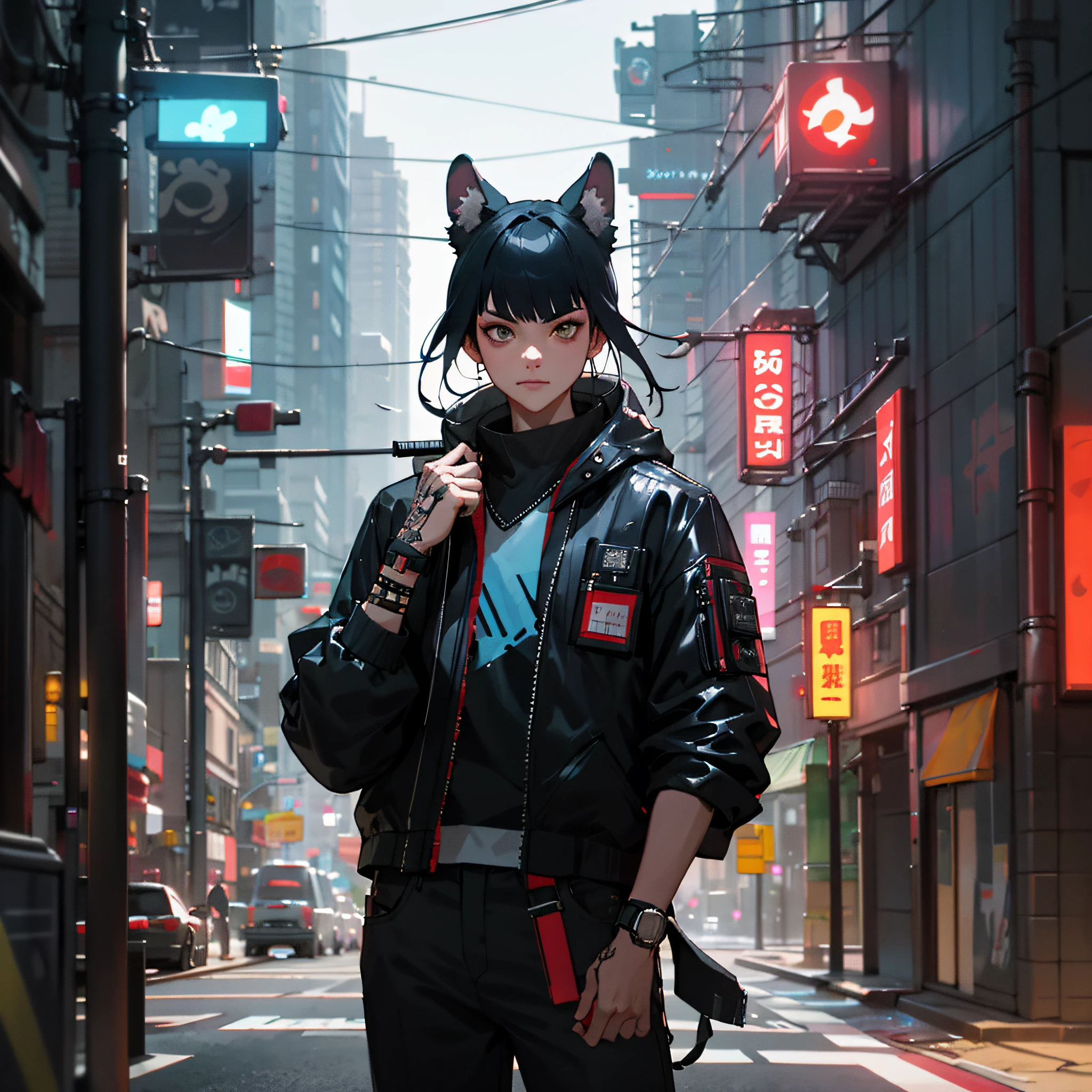 arafed dog in a leather outfit with a sword in a city, cyberpunk samurai, urban samurai, portrait of a cyberpunk samurai, very beautiful cyberpunk samurai, badass anime 8 k, street samurai, wojtek fus, cyberpunk street goon, in cyberpunk style, hyper-realistic cyberpunk style, cyberpunk art style, has cyberpunk style, in style of beeple, in cyberpunk city