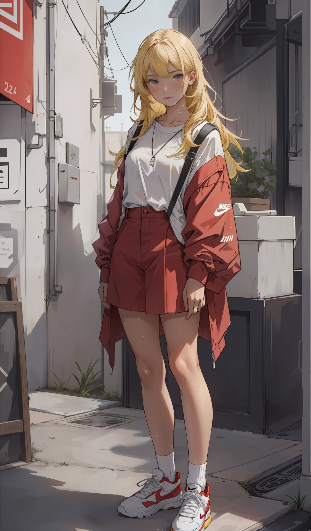 a woman in a white shirt and red mini short, playing video game, simple style, wearing elegant casual clothes, muted red, simple clothes, milk and red style, casual transparent clothing style, wet, modern fashion outfit, wearing a fisher , casual modern clothing, inspo, red clothes, red mini short, neutral tones, red and white color scheme, casual business outfit,cute face, nike shoes, 22 years old, adult face, long hair, ((yellow hair)), street traditional festival
