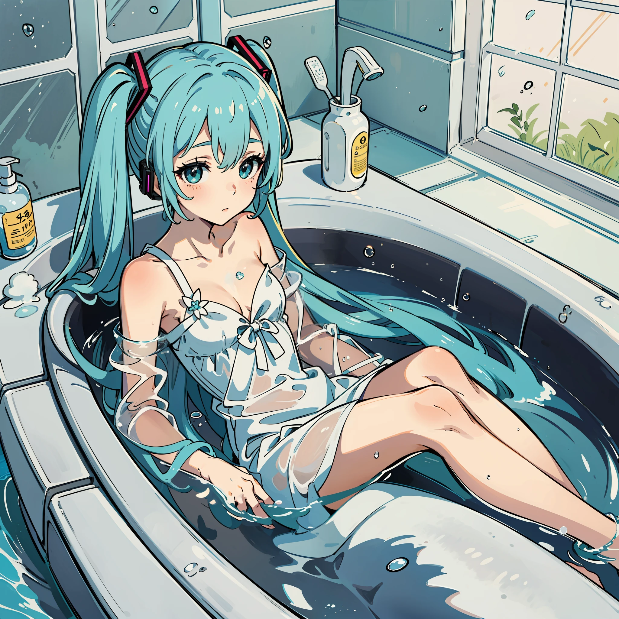 "Hatsune Miku wears a white bathrobe,Delicate and soft skin appears more delicate。She sat in the bathtub,Tiny bubbles and light steam float on the surface of the water,In the afterglow,The whole picture is softer and warmer。"