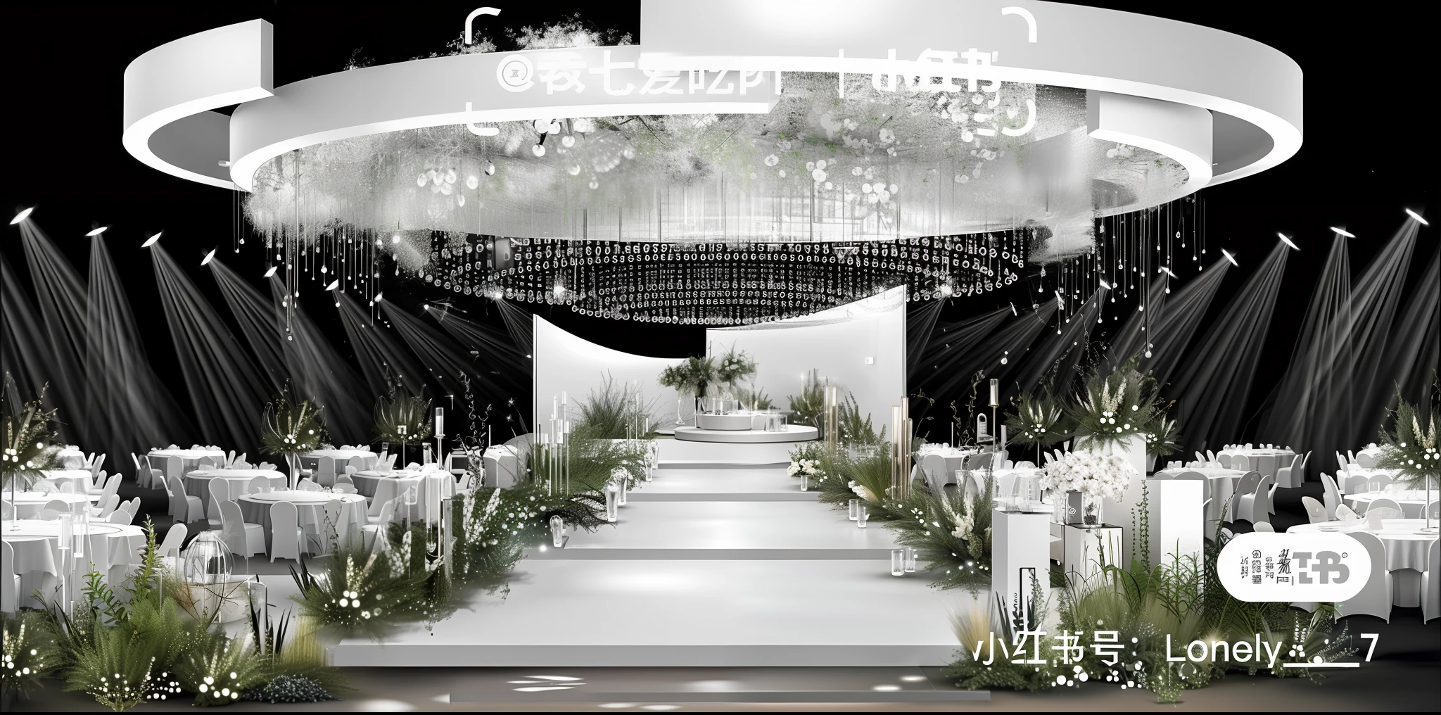 (photorealestic:1.5), (Good shadows),Good construction,Volumetriclighting,films,(HighestQuali,Award-Awarded,masterpaintings:1.5),Wedding hall,Wedding design renderings,Clearer,8K,florals,Wedding banquet hall