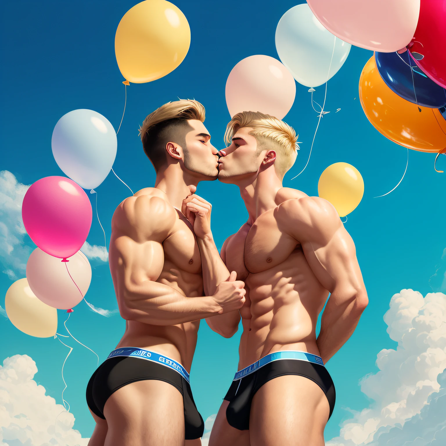 (high quality, stunning illustration), two handsome muscular men with tiny waists wearing white jockstraps,  one black one blonde, kissing, floating into a clear blue sky while holding a bunch of balloons in one hand.