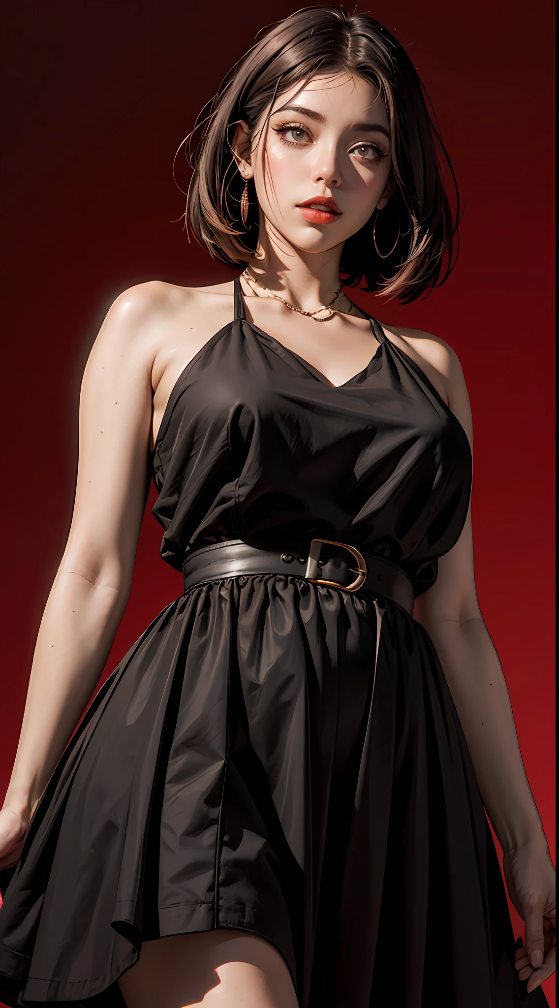 high detailing、Edge Detection、sharpness、High contrast、Highlight、photoRealstic、cinematiclight、８K、Bright red background、Red gradient background、gradients、Girl with dark skin、Fat girl、beautiful  Girl、Plump body、Black Dress、Bright red lipstick、Bright red eyeshadow、Red Eyes、Dark hair、short-hair、Bery short hair