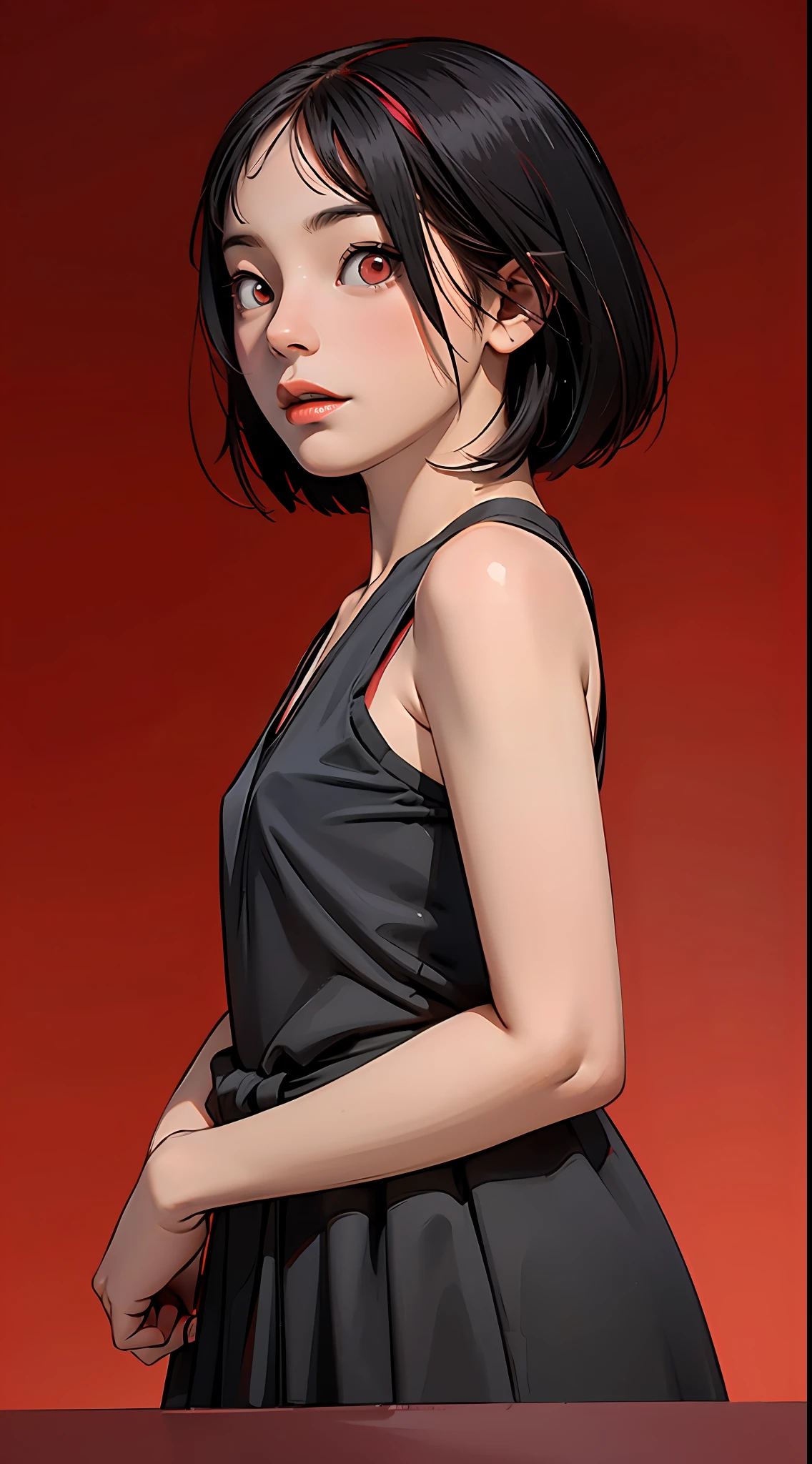 high detailing、Edge Detection、sharpness、High contrast、Highlight、photoRealstic、cinematiclight、8K、Bright red background、Red gradient background、gradients、Girl with dark skin、Fat girl、beautiful Girl、Plump body、Black Dress、Bright red lipstick、Bright red eyeshadow、Red Eyes、Dark hair、short-hair、Bery short hair
