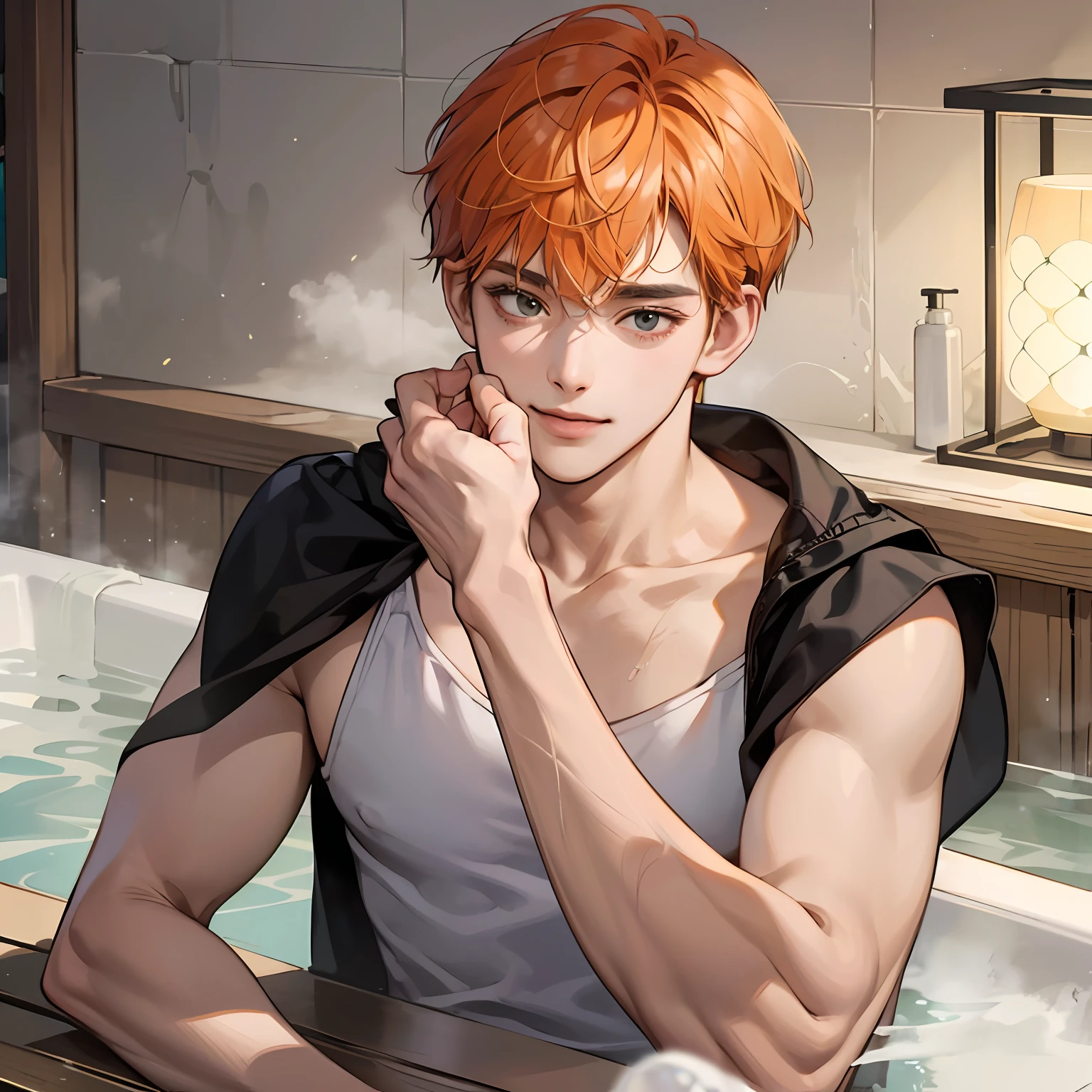 Structured、Hi-Def、Ultra-detailded、grn)、A masterpice、beste-Quality、1boy、独奏、a handsome、orange color hair、Short-haired shaved head、finely eye and detailed face、Hanging eyes、Black Eyes、tall、Strong body、Freshly wrapped lower body towel、Bathing naked in a Japan bath、a smile、 --auto