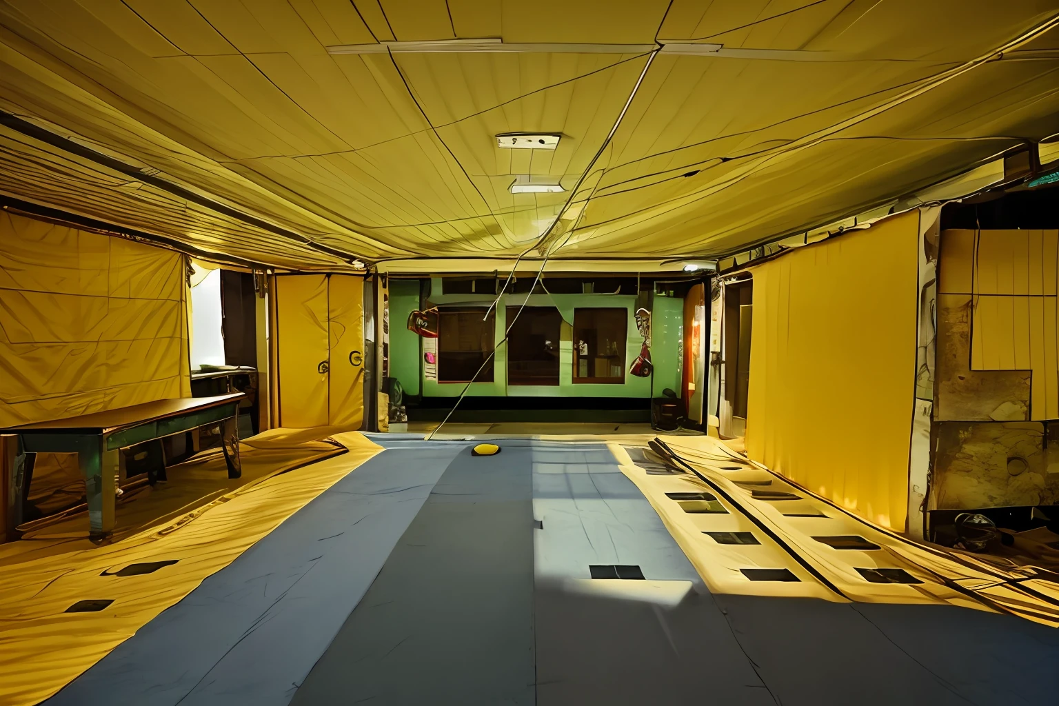 there is a room with a table and a wall with a sign, high-quality photo, suspended ceiling,Blue top surface，overhead ground floor, Bright golden yellow building material，