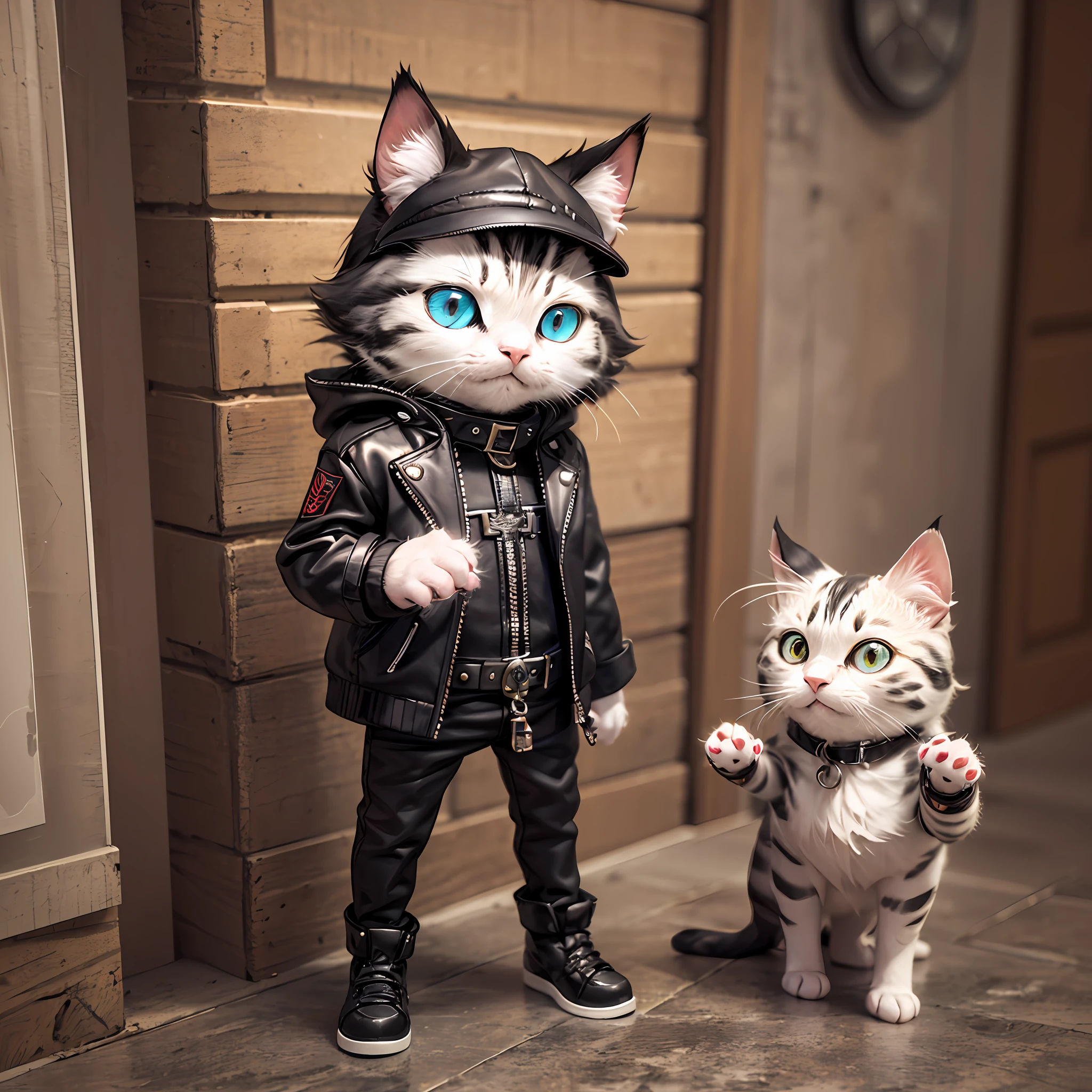 character standing looking forward, (chat) anthropomorphe blanc, avec veste noire, metalhead, rockeur, musicien, bad boy, mignon, mignon, court::2, dreamworks cartoon, Peinture 3D