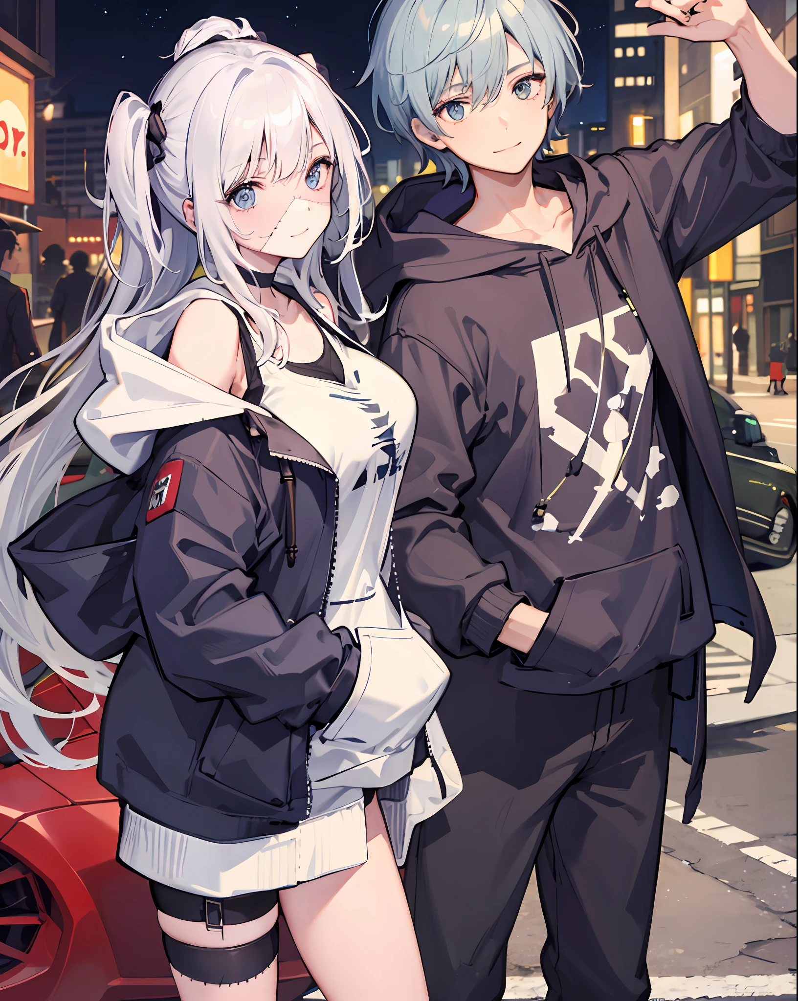 1girl, large breasts,stitched face, patchwork skin, closed mouth, long_hair, light smile,city,street, white hair, ,stitched_face,patchwork_skin,cowboy shot,( hoodie),(hand in pocket),