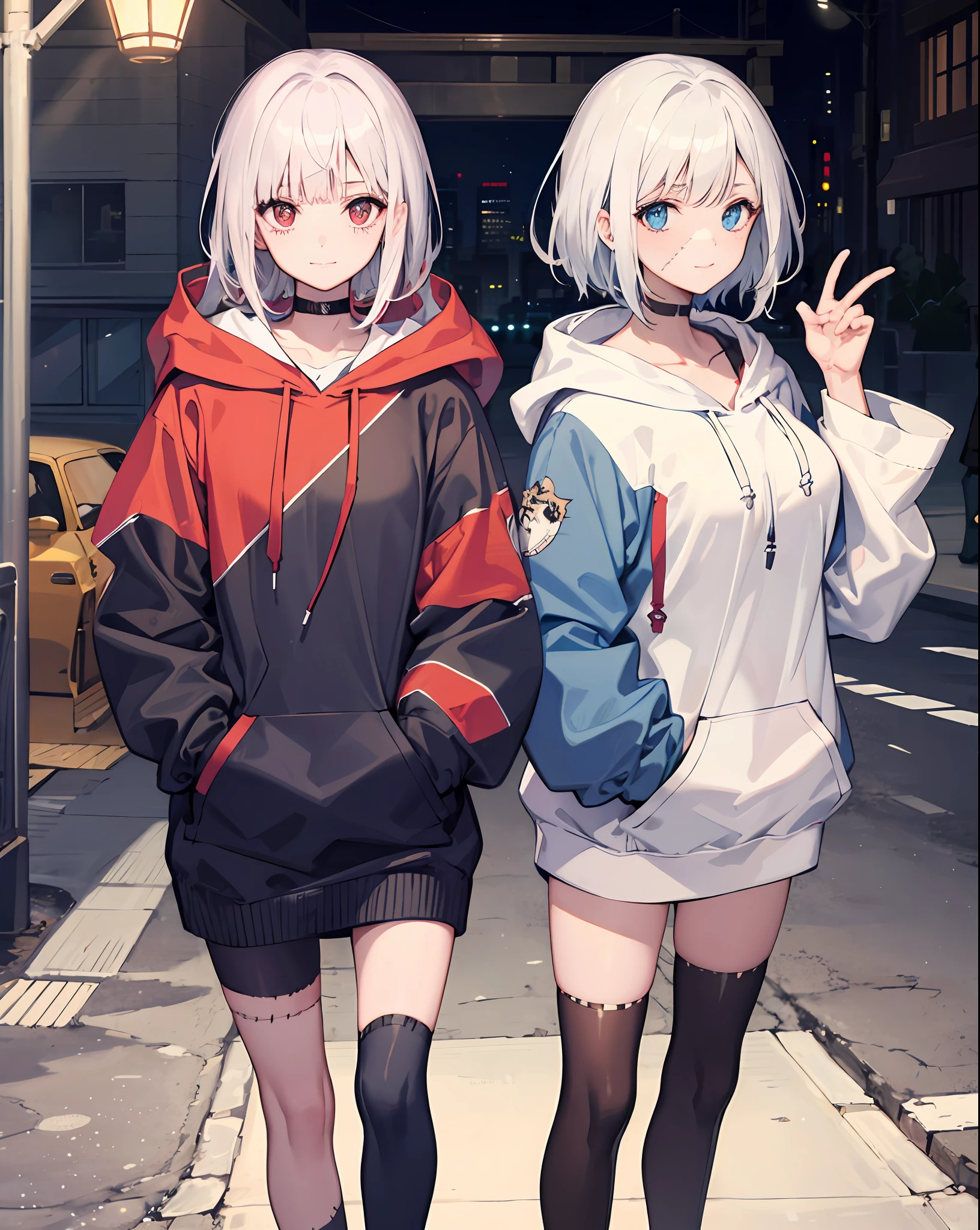 1girl, large breasts,stitched face, patchwork skin, closed mouth, long_hair, light smile,city,street, white hair, ,stitched_face,patchwork_skin,cowboy shot,( hoodie),(hand in pocket),