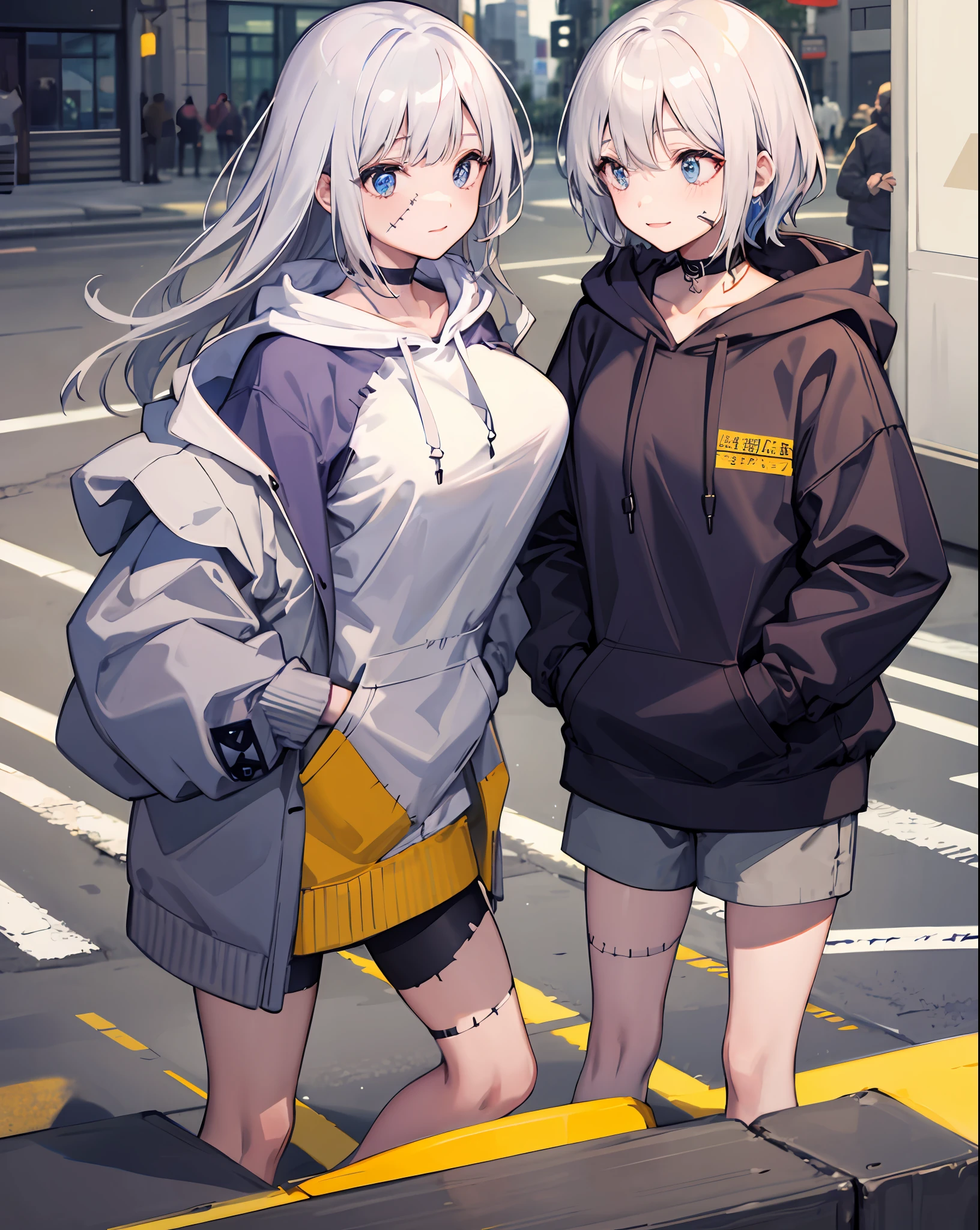 1girl, large breasts,stitched face, patchwork skin, closed mouth, long_hair, light smile,city,street, white hair, ,stitched_face,patchwork_skin,cowboy shot,( hoodie),(hand in pocket),