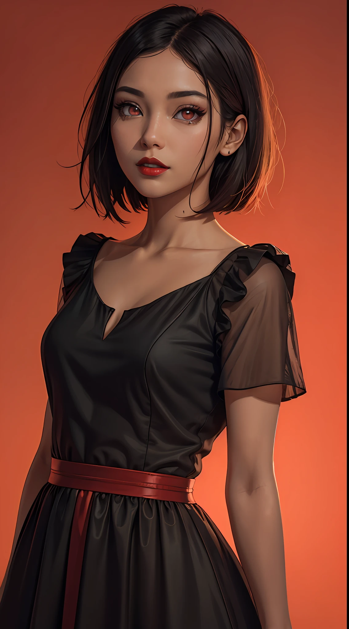 ultra hyper-detailed、hightquality、beste-Qualit、high detailing、Precise illustrations、pencil drawing、Edge Detection、sharpness、High contrast、Highlight、photoRealstic、cinematiclight、8K、Bright red background、Red gradient background、gradients、Girl with dark skin、beautiful Girl、Black Dress、Bright red lipstick、Bright red eyeshadow、Red Eyes、Dark hair、short-hair、Bery short hair