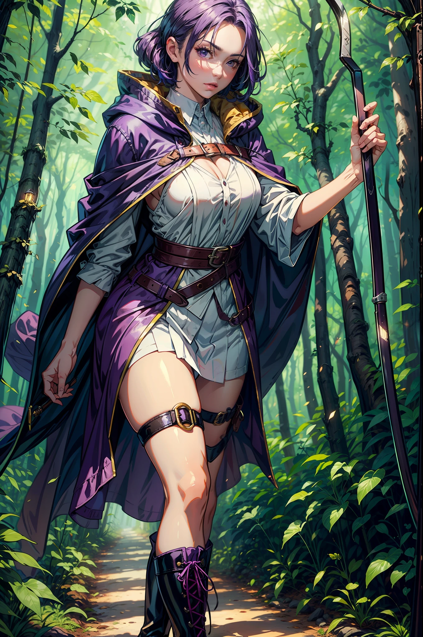 medieval mature archer woman, purple cloak, purple hair, potion bandolier, purple boots, shiny clothing, dark forest trail, trail lanterns, foggy forest