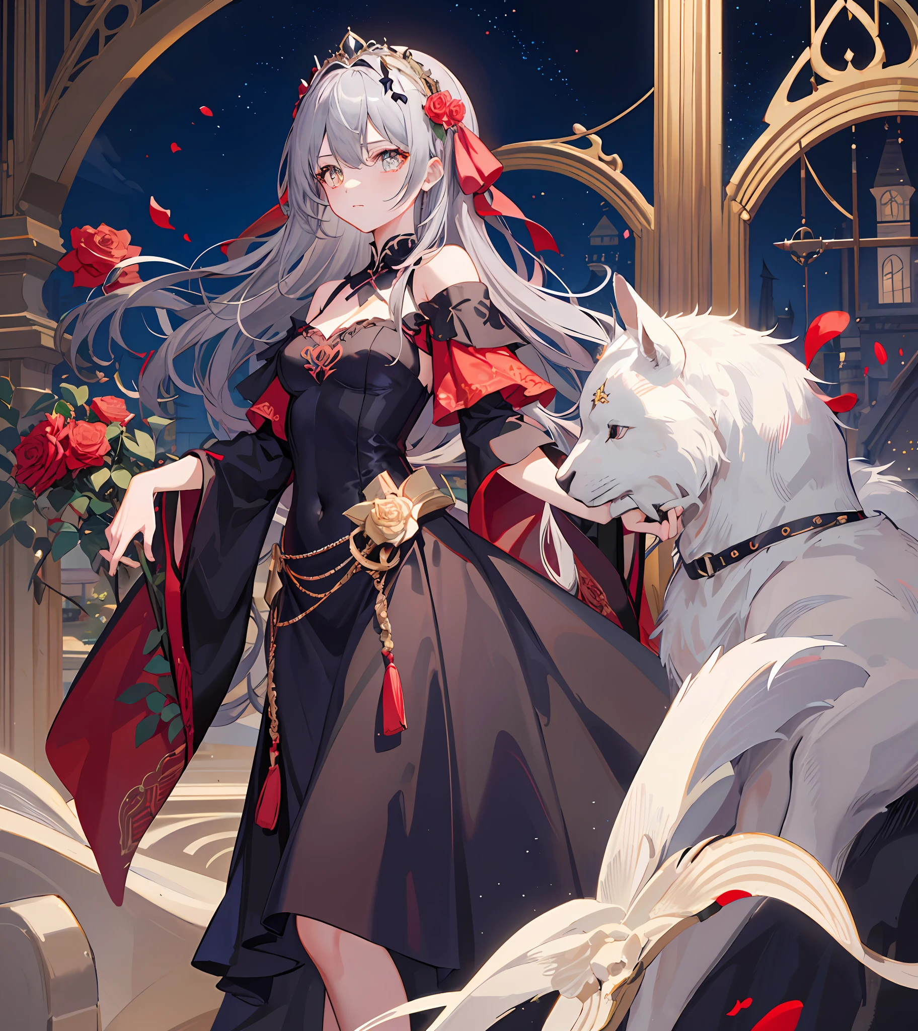 Masterpiece quality,The best quality assurance。One hair graying、Cute girl with golden eyes。She looks both arrogant and extravagant,Wearing a short Gothic skirt,Exudes magic,With a rose headdress,English-style top