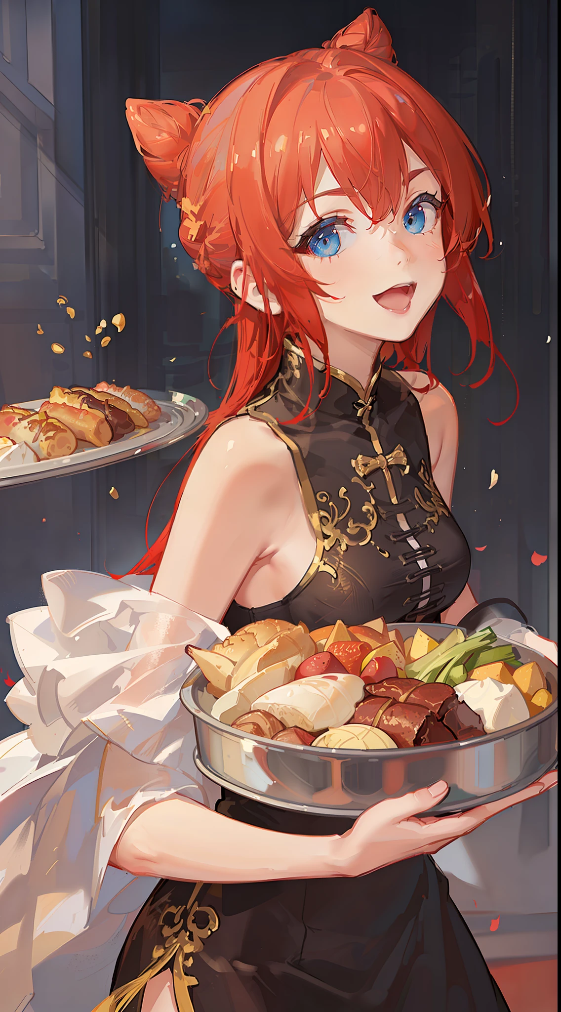 young girl, red hair in a bun, blue eyes, Chinese sleeveless dress, Shorts, A tray of food, Cheerful smile, open mouth, Masterpiece, high qulity