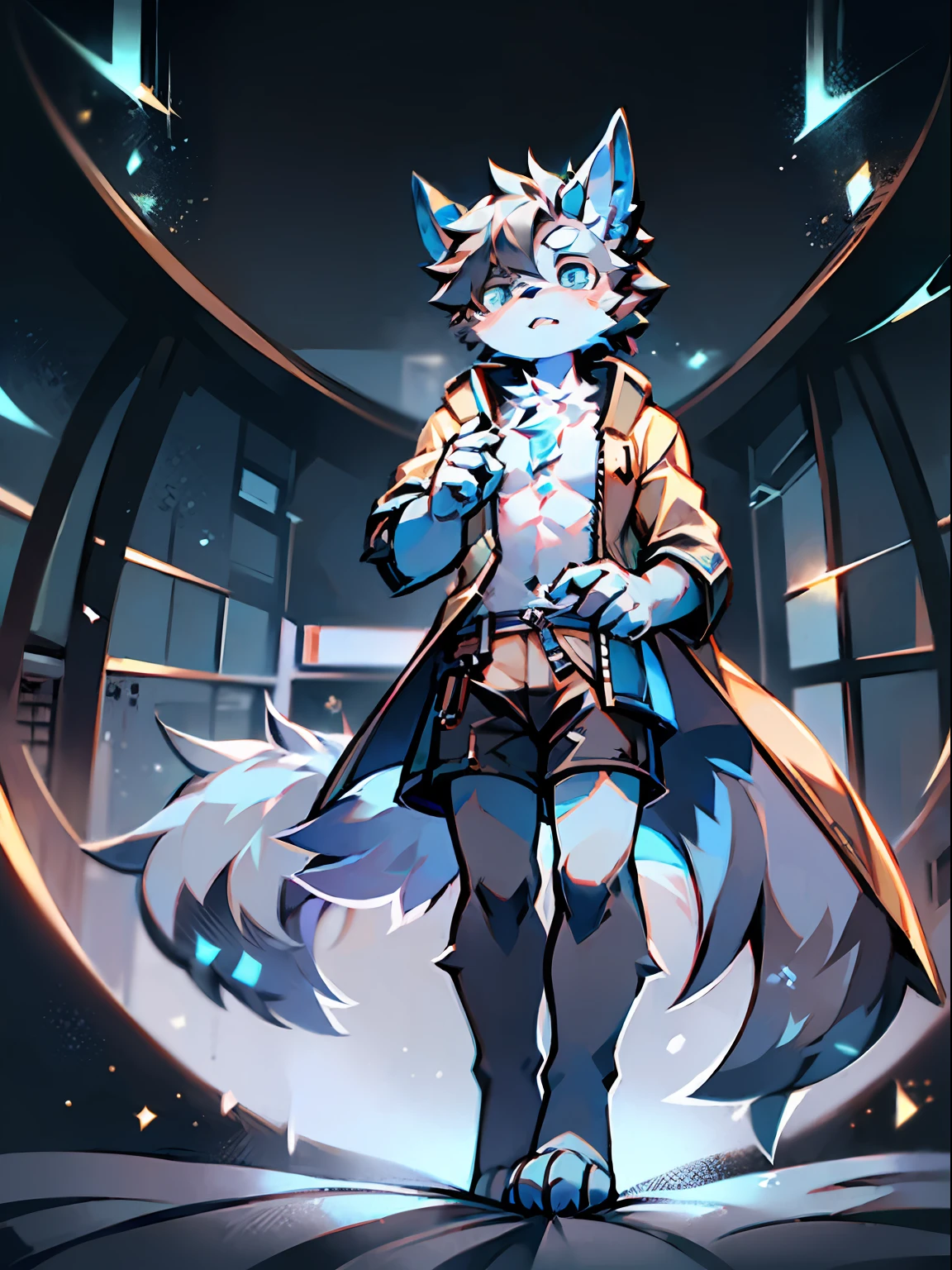 eyes with brightness, the panorama, Character focus ,Full body like,Side Body,独奏,solo person, shaggy, Correct human anatomy。Furry male wolf(Dragon and wolf combined), Male blue-white skin, The eyes are blue,(A pair of dragon wings), Gray hair(The long),There is a pair on the forehead(small nipple)Blue horn fluorescence,In the lab,Inside the cell,Get up from the bed,astonishment,Look into the palm of your hand,Take control of the magic,Ice floating in your hands,Gray coat zipper tightened,grey shorts,wind coat,Young style,Height one meter seven,Handsome, There is a wolf tail,Hi-Def,8K,1440*2048