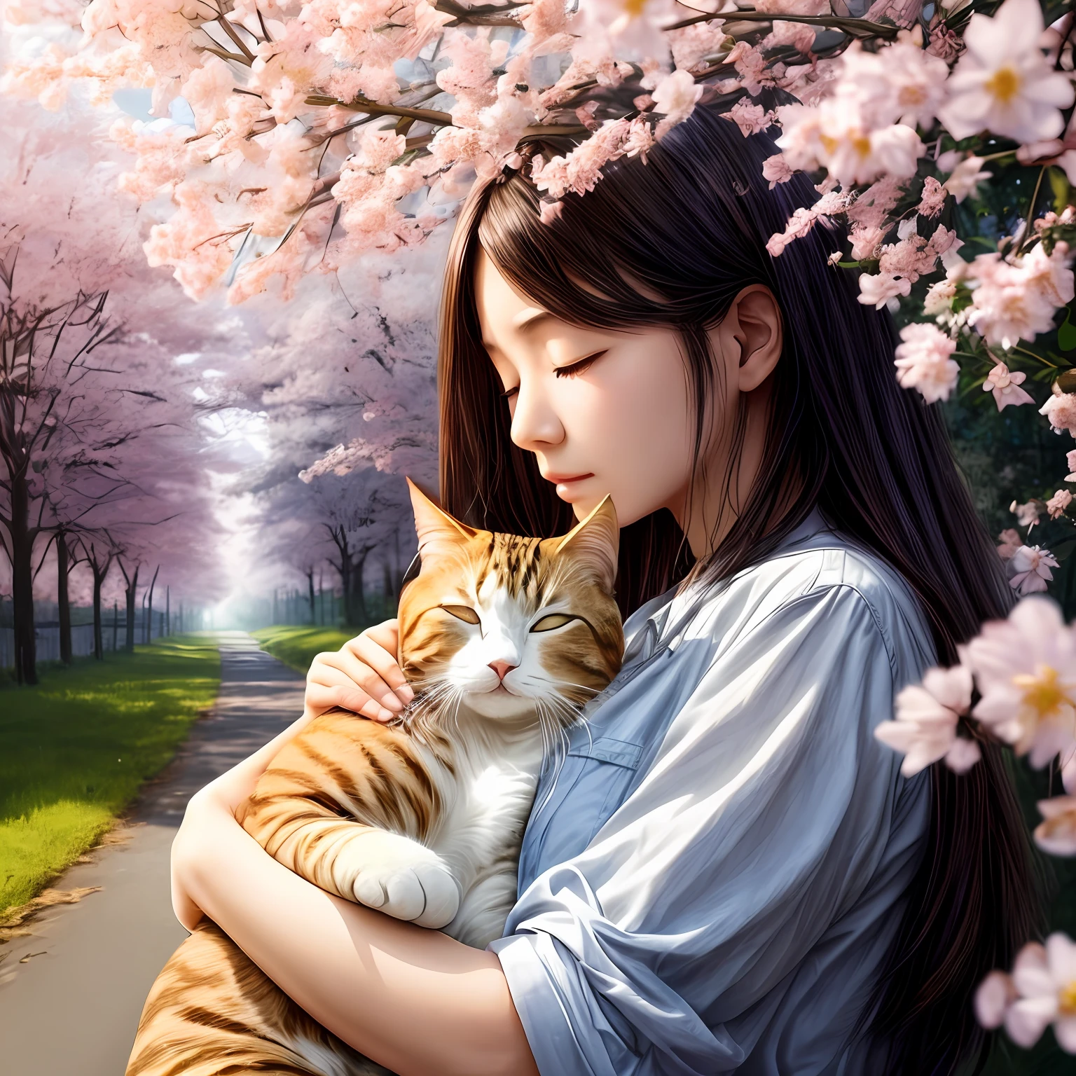 beste-Qualit、巨作、ultra-high-resolution、(photo- realistic:1.4)、Raw photo、1girl in、adoreable sleeping cat、Accurate depiction of cats　Country road under the cherry、Broad perspectives、Sunlight is shining、Two-thirds shot、Woman snorting while taking a deep breath、Petals shimmering in the wind、The wind shakes the plants and trees、Trees with diffused light sparkling々illuminating the。