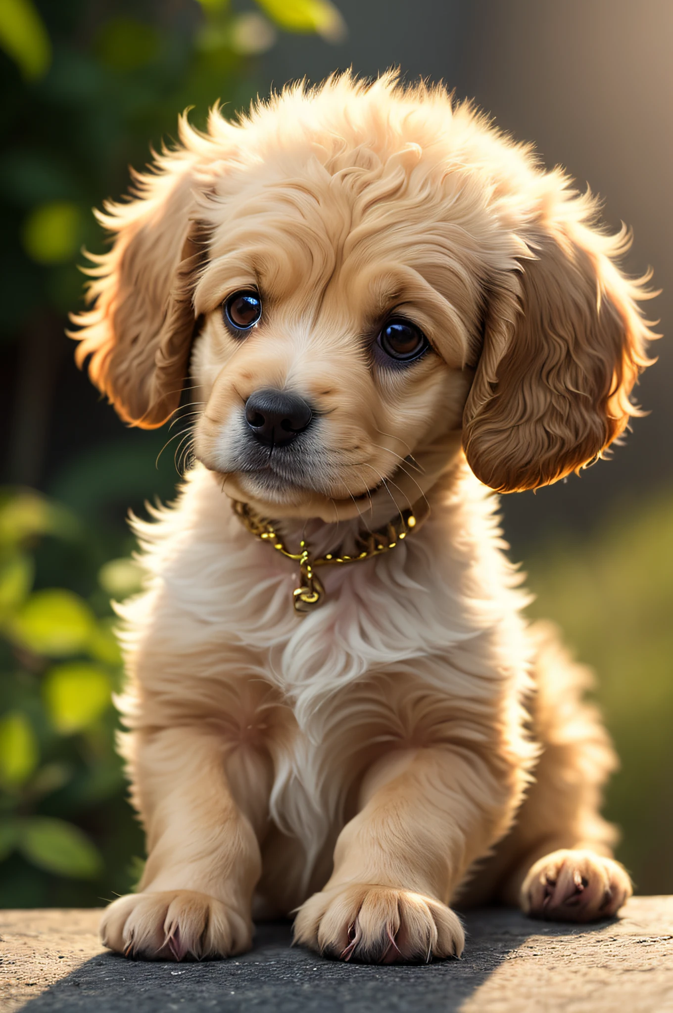 Very cute cavoodlepup illustration, 8k resolution, high resolution, super detailed, with a clear focus on the very detailed character design of the ultra high definition golden plush poodle. The use of rim lights, soft lights and sun flares should add depth and mood to the image. A fluffy, misty light gold floral background with a subtle mist effect is ideal, adding a touch of mystery to the illustration. Vibrant Color should be used to bring the puppy to life, emphasizing the puppy's fluff and character.