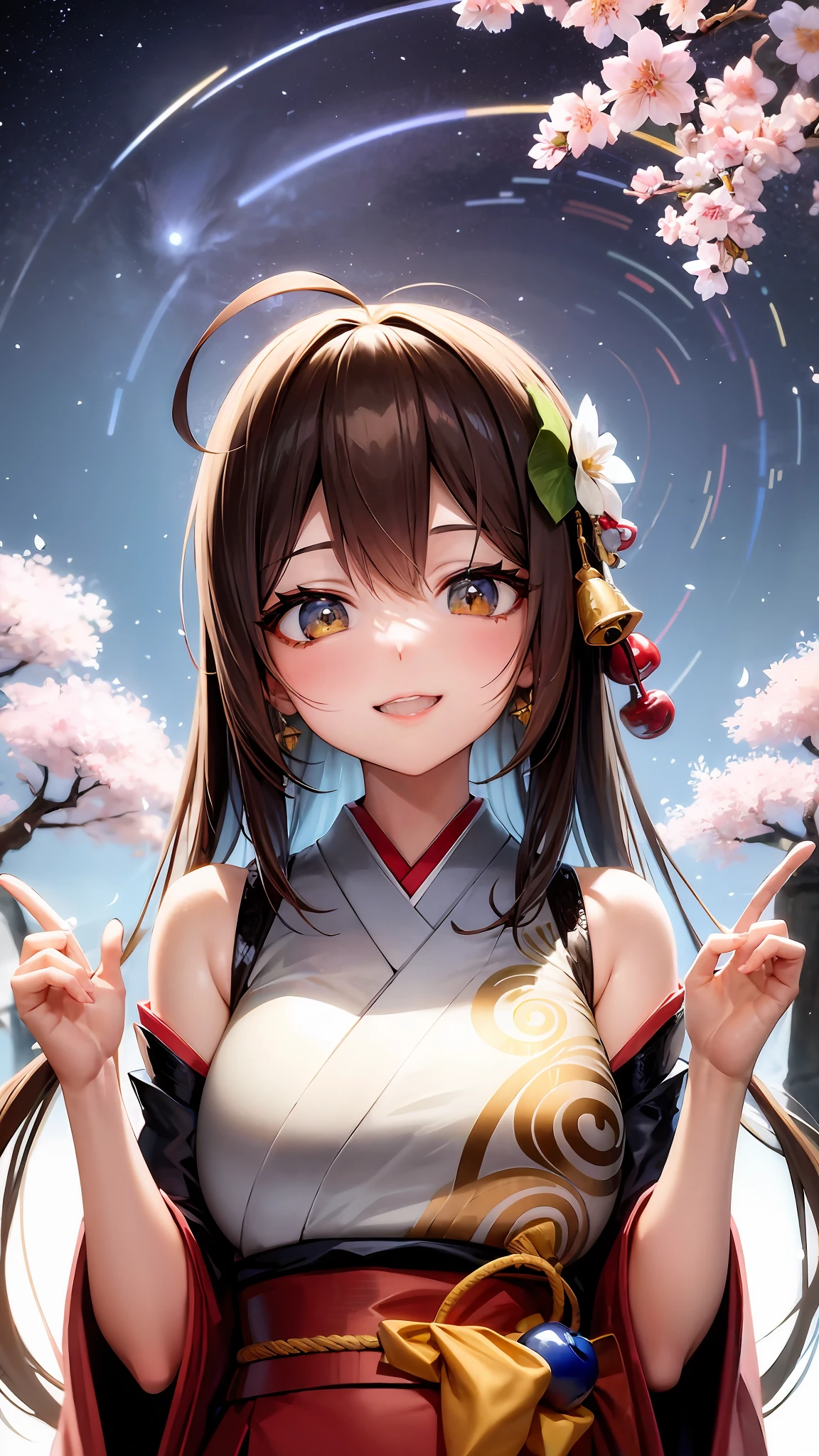 {upper body close-up:1.5} ,colorful startrails,((Cherry blossoms)),(torii),solo,neat figure,(young girl),(long hair),(golden_eyes),(brown hair),(beautiful detailed eyes),((japanese_clothes)),A rock with runes,ribbon,hair ribbon,bell,hair ornament,hair flower,hair bow,(ray tracing),reflection light,(((masterpiece))),((Clear picture)),(ahoge),ray tracing,(best quality), ((masterpiece)),(highres), original, extremely detailed 8K wallpaper, {an extremely delicate and beautiful},incredibly_absurdres,colorful,intricate detail,{best quality}, {{masterpiece}},Smile:1.1,