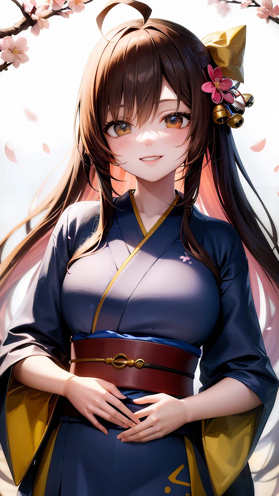 {upper body close-up:1.5} ,colorful startrails,((Cherry blossoms)),(torii),solo,neat figure,(young girl),(long hair),(golden_eyes),(brown hair),(beautiful detailed eyes),((japanese_clothes)),A rock with runes,ribbon,hair ribbon,bell,hair ornament,hair flower,hair bow,(ray tracing),reflection light,(((masterpiece))),((Clear picture)),(ahoge),ray tracing,(best quality), ((masterpiece)),(highres), original, extremely detailed 8K wallpaper, {an extremely delicate and beautiful},incredibly_absurdres,colorful,intricate detail,{best quality}, {{masterpiece}},Smile:1.1,