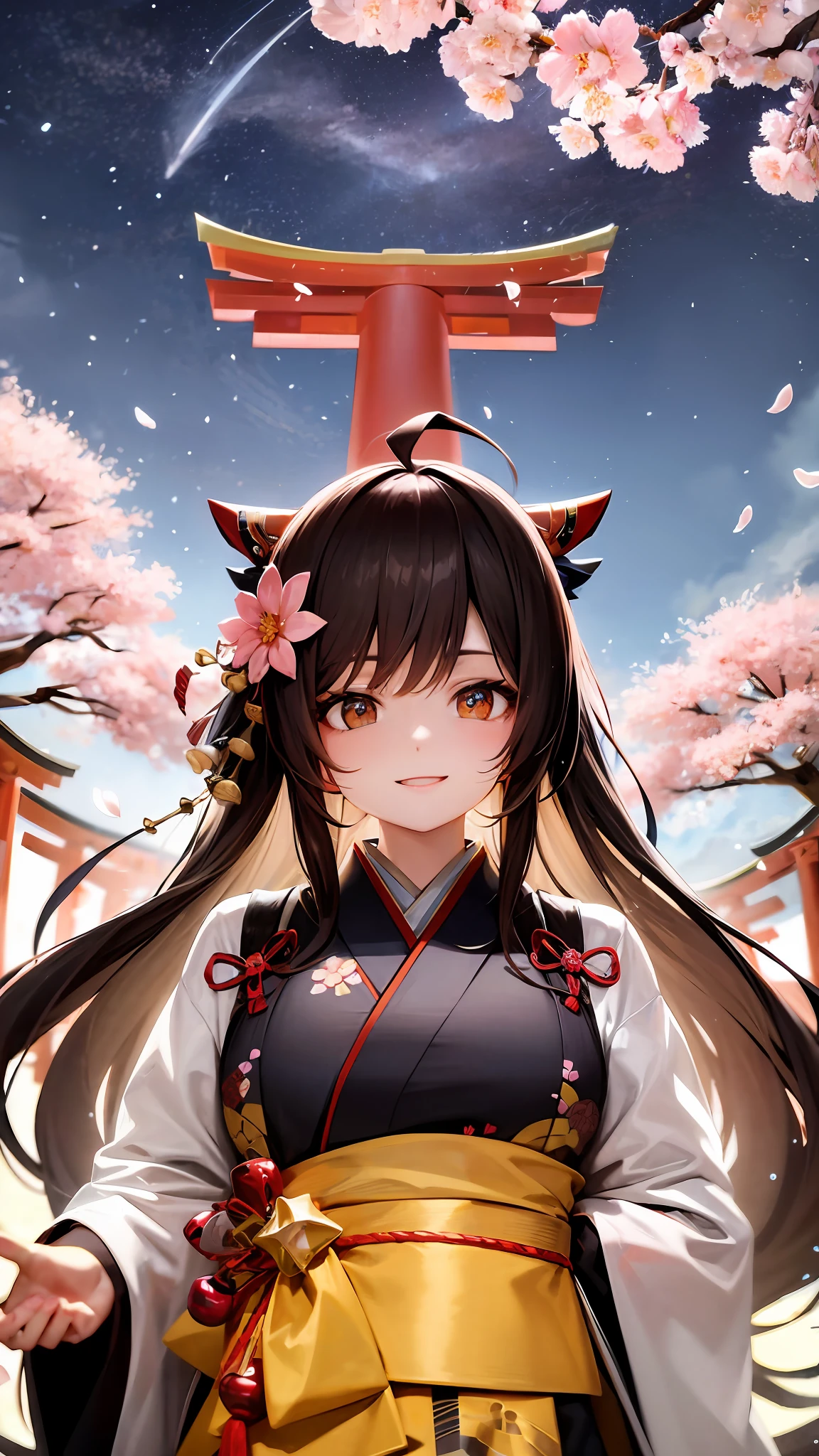 {upper body close-up:1.5} ,colorful startrails,((Cherry blossoms)),(torii),solo,neat figure,(young girl),(long hair),(golden_eyes),(brown hair),(beautiful detailed eyes),((japanese_clothes)),A rock with runes,ribbon,hair ribbon,bell,hair ornament,hair flower,hair bow,(ray tracing),reflection light,(((masterpiece))),((Clear picture)),(ahoge),ray tracing,(best quality), ((masterpiece)),(highres), original, extremely detailed 8K wallpaper, {an extremely delicate and beautiful},incredibly_absurdres,colorful,intricate detail,{best quality}, {{masterpiece}},Smile:1.1,