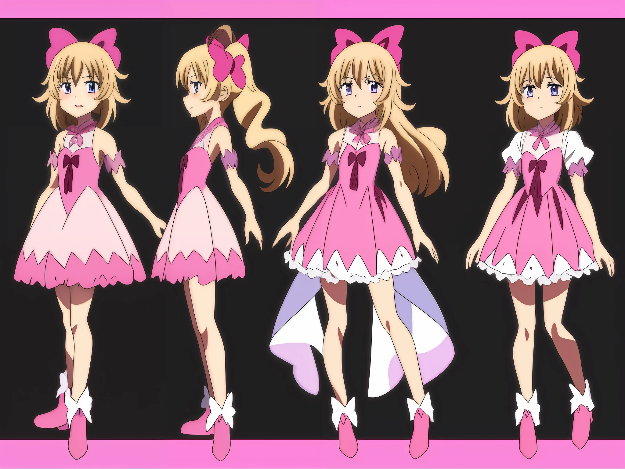 An anime character of a girl in a pink dress，Wearing a bow, pretty anime character design, cute anime waifu in a nice dress, Anime character design, little curve ****, Anime moe art style, anime visual of a cute girl, anime full body illustration, anime character reference sheet, Shoujo manga character design, Full body character design, small **** girl