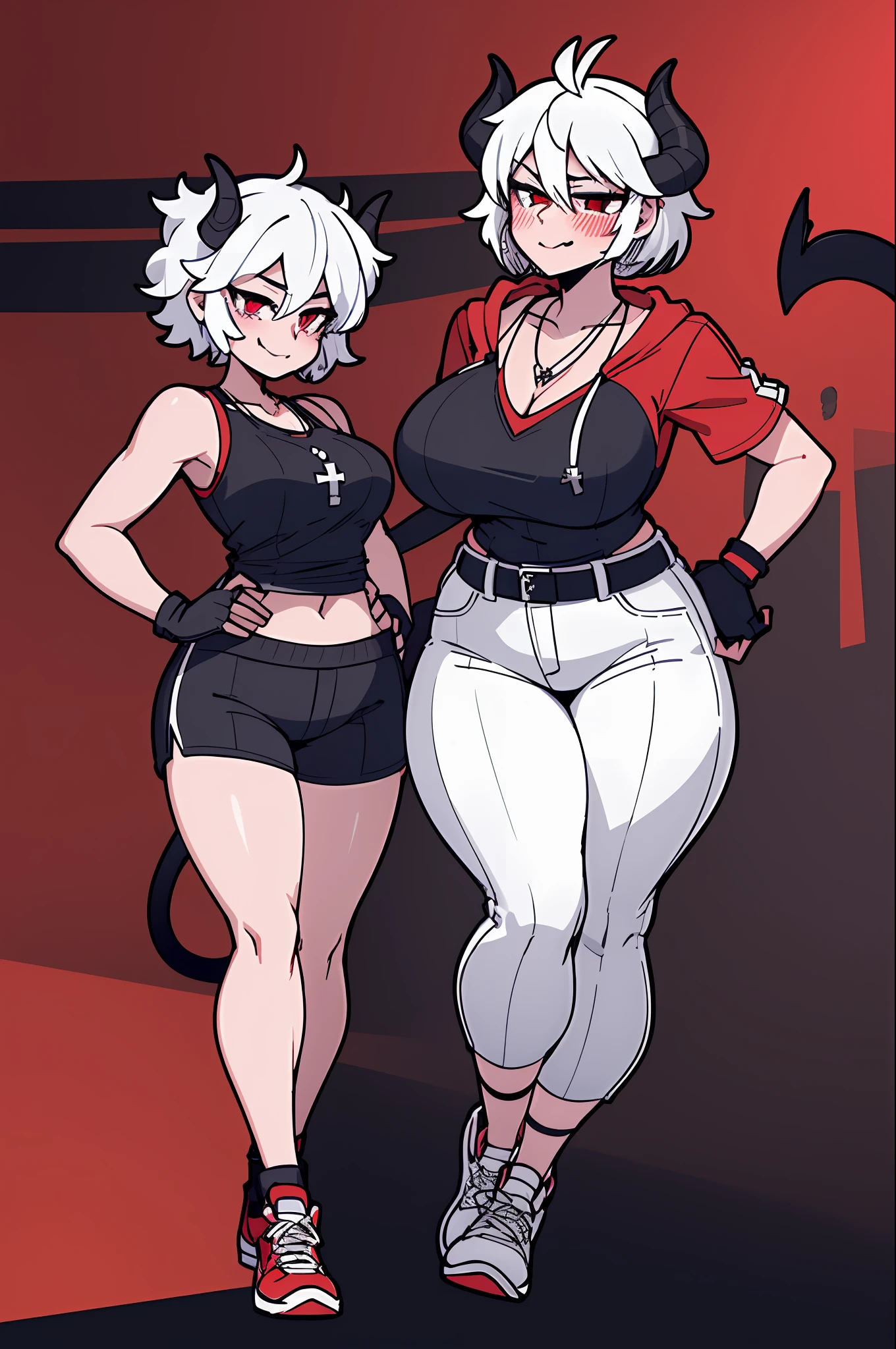 2 girls, close together, height difference, hand on another's head, short and tall, short sleeve hoodie, black fingerless gloves, breasts, arms at sides, wide hips, blush, blushing, thick thighs, night, cross necklace, heart eyes, full body shot, horns on head, demon tail, black white and red outfit, red black and white background colors, black cargo shorts, white hair, tomboy, tall, short hair, smirk, smug, sneakers, running shoes, rolled up pants, exposed calf's, exposed thighs,