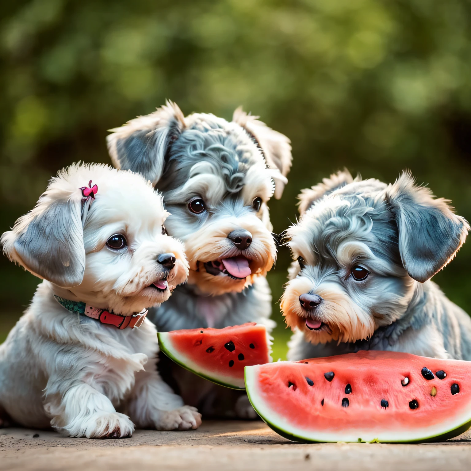 three small dogs are sitting next to a slice of watermelon, Puppies, author:Kazimierz Vojniakovsky, water melon, author:Igor Grappa, Cute boys, material is!!! water melon!!!, award - winning pet photography, author:Tadeusz Pruszkówski, shutterstock, author:Zlatyu Boyadzhiev