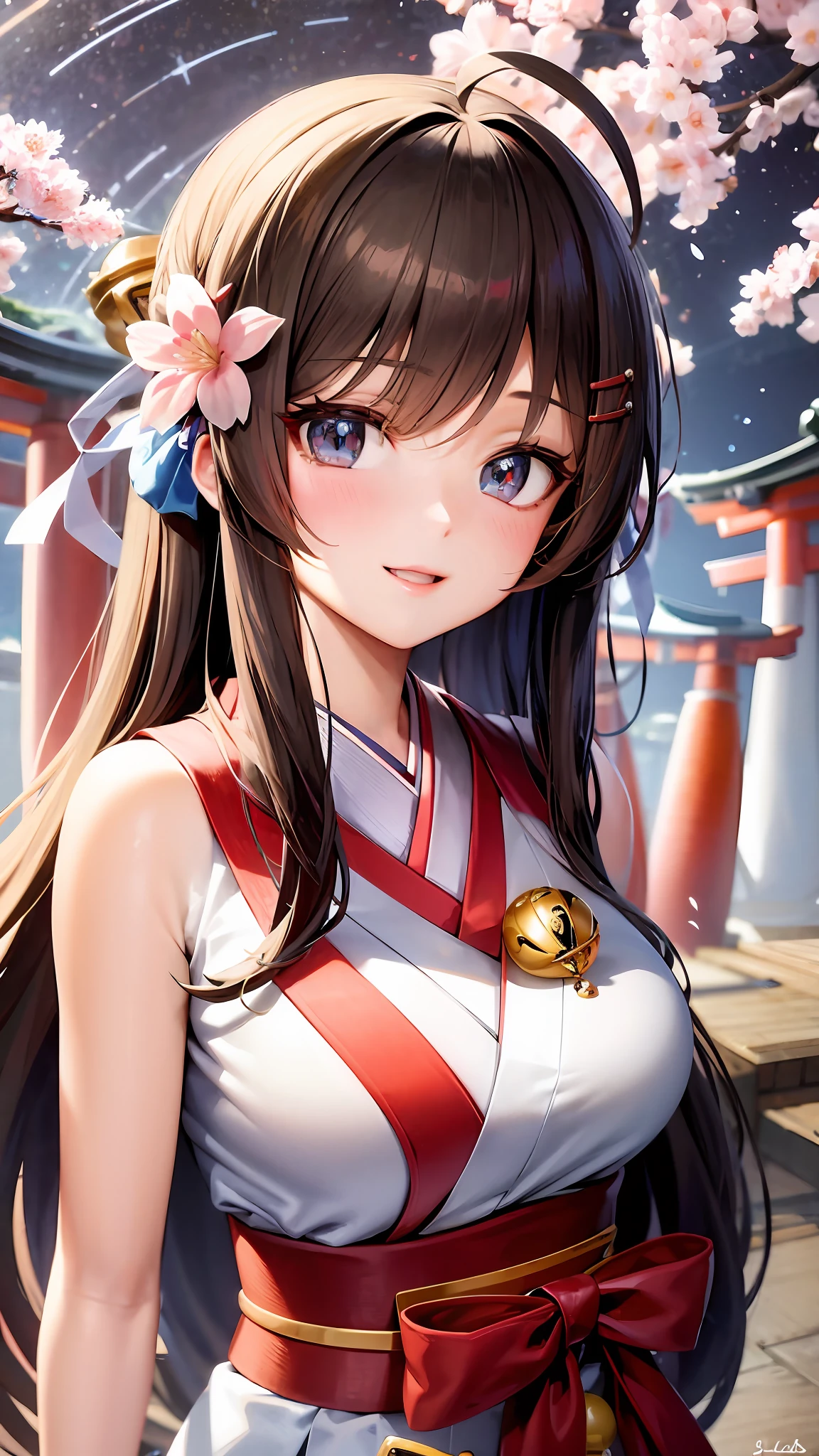 {upper body close-up:1.5} ,colorful startrails,((Cherry blossoms)),(torii),solo,neat figure,(young girl),(long hair),(golden_eyes),(brown hair),(beautiful detailed eyes),((japanese_clothes)),A rock with runes,ribbon,hair ribbon,bell,hair ornament,hair flower,hair bow,(ray tracing),reflection light,(((masterpiece))),((Clear picture)),(ahoge),ray tracing,(best quality), ((masterpiece)),(highres), original, extremely detailed 8K wallpaper, {an extremely delicate and beautiful},incredibly_absurdres,colorful,intricate detail,{best quality}, {{masterpiece}},Smile:1.1,