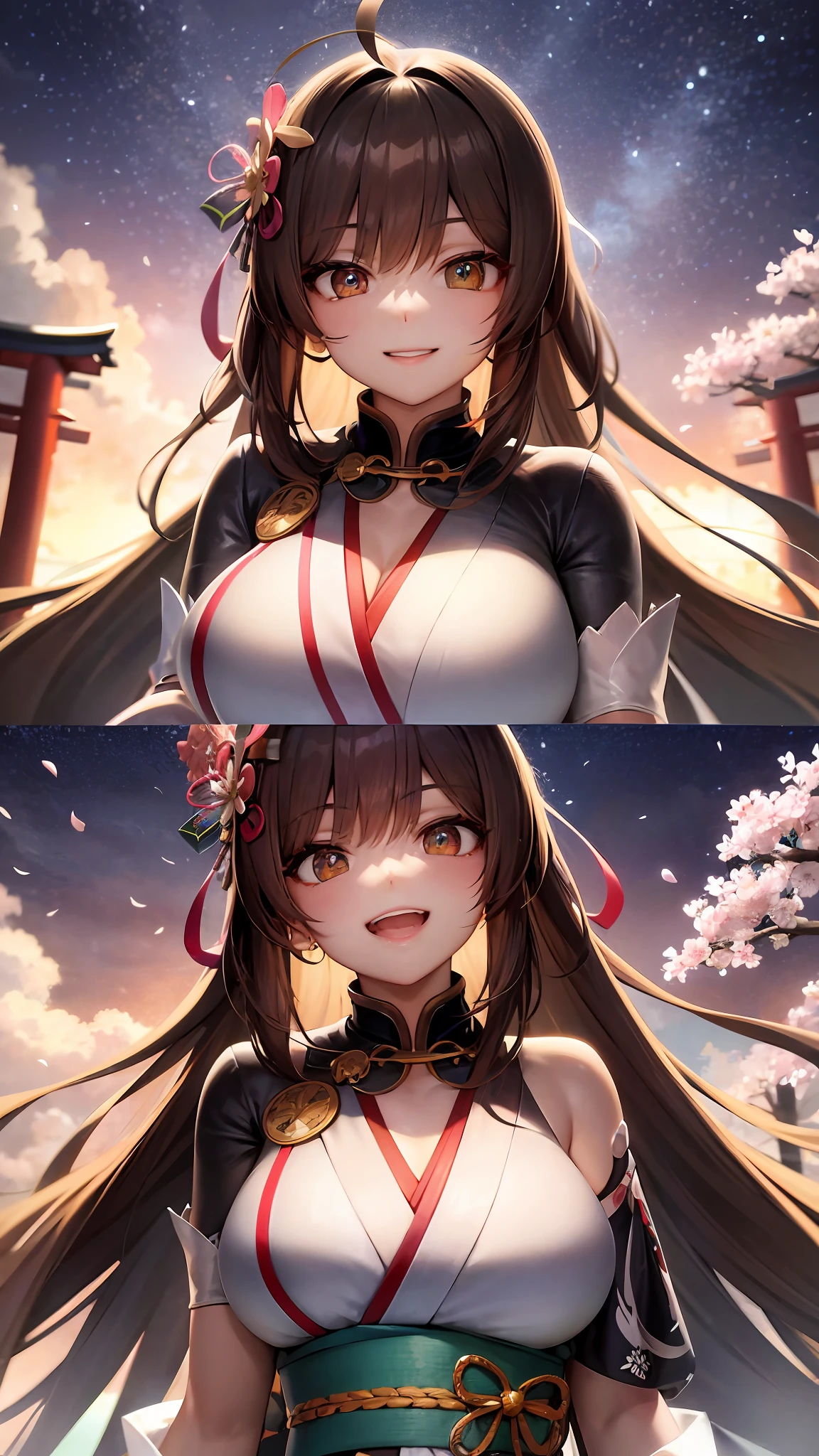 {upper body close-up:1.5} ,colorful startrails,((Cherry blossoms)),(torii),solo,neat figure,(young girl),(long hair),(golden_eyes),(brown hair),(beautiful detailed eyes),((japanese_clothes)),A rock with runes,ribbon,hair ribbon,bell,hair ornament,hair flower,hair bow,(ray tracing),reflection light,(((masterpiece))),((Clear picture)),(ahoge),ray tracing,(best quality), ((masterpiece)),(highres), original, extremely detailed 8K wallpaper, {an extremely delicate and beautiful},incredibly_absurdres,colorful,intricate detail,{best quality}, {{masterpiece}},Smile:1.1,