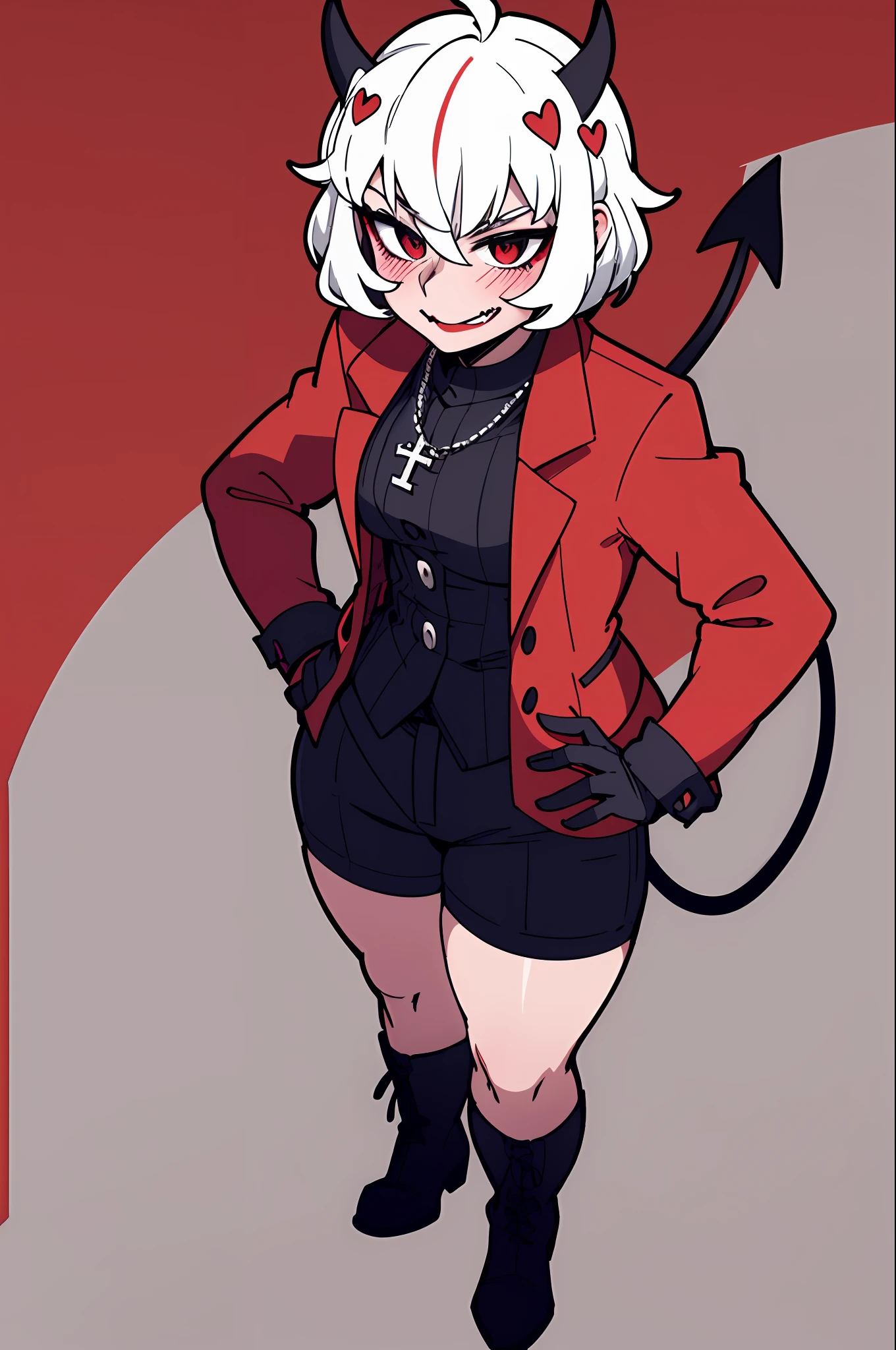 1girl, solo, black gloves, breasts, wide hips, blush, blushing, thick thighs, cross necklace, heart eyes, full body shot, horns on head, demon tail, black white and red outfit, red black and white background colors, white hair, tomboy, tall, hands on hips, short hair, smirk, dress shoes, shorts, no undershirt, suit coat, slim eyes, red lipstick,