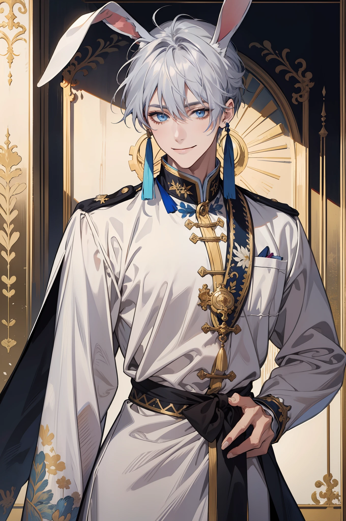 1 male、独奏、20 yrs、Silver hair、Rabbit ears、Blue eyes、White and gold prince clothes、Shot from the waist up、smiling sweetly、