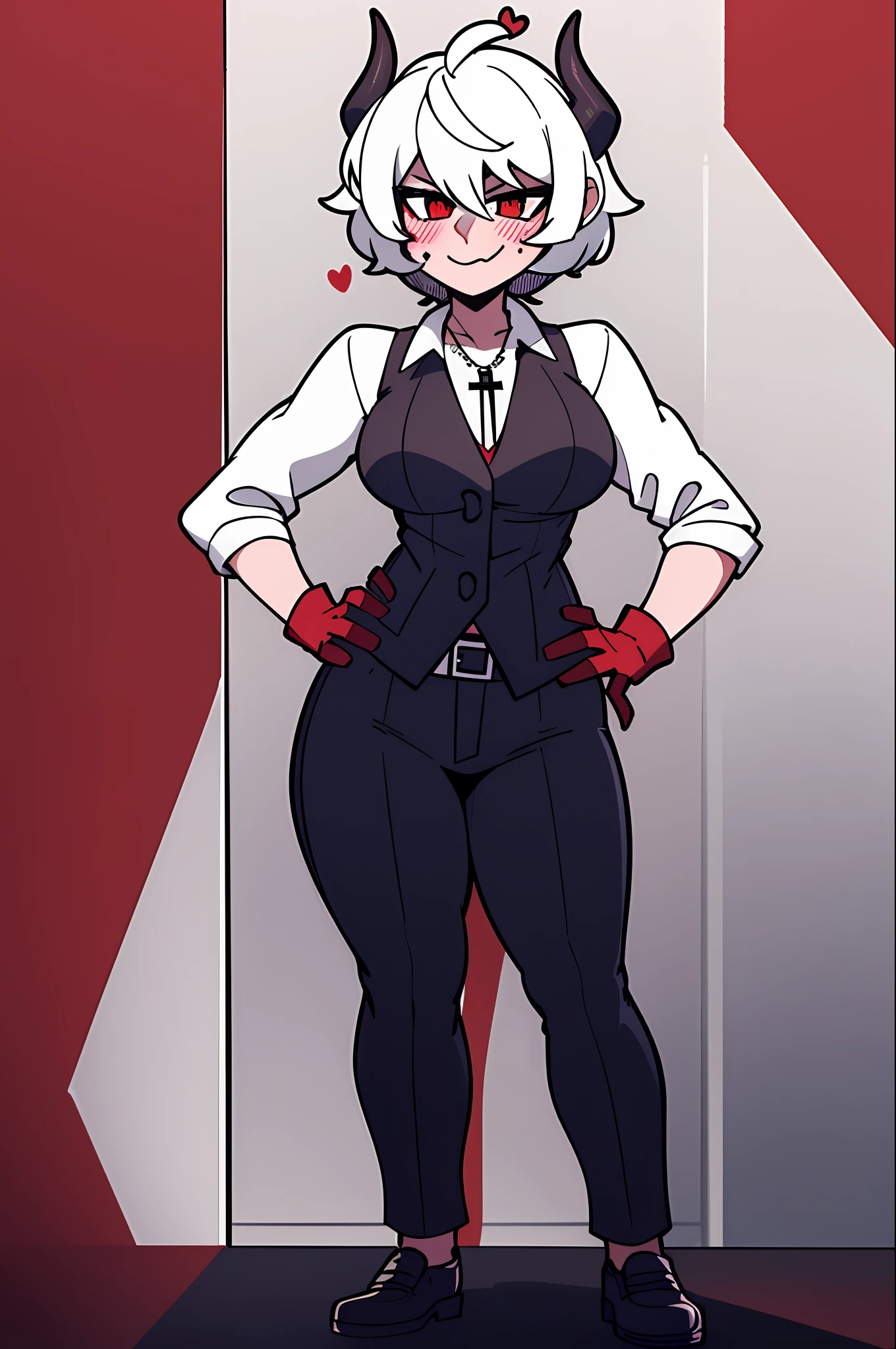 1girl, solo, black gloves, breasts, wide hips, blush, blushing, thick thighs, cross necklace, heart eyes, full body shot, horns on head, demon tail, black white and red outfit, red black and white background colors, white hair, tomboy, tall, hands on hips, short hair, smirk, dress shoes, red undershirt, suit vest, suit pants, white suit