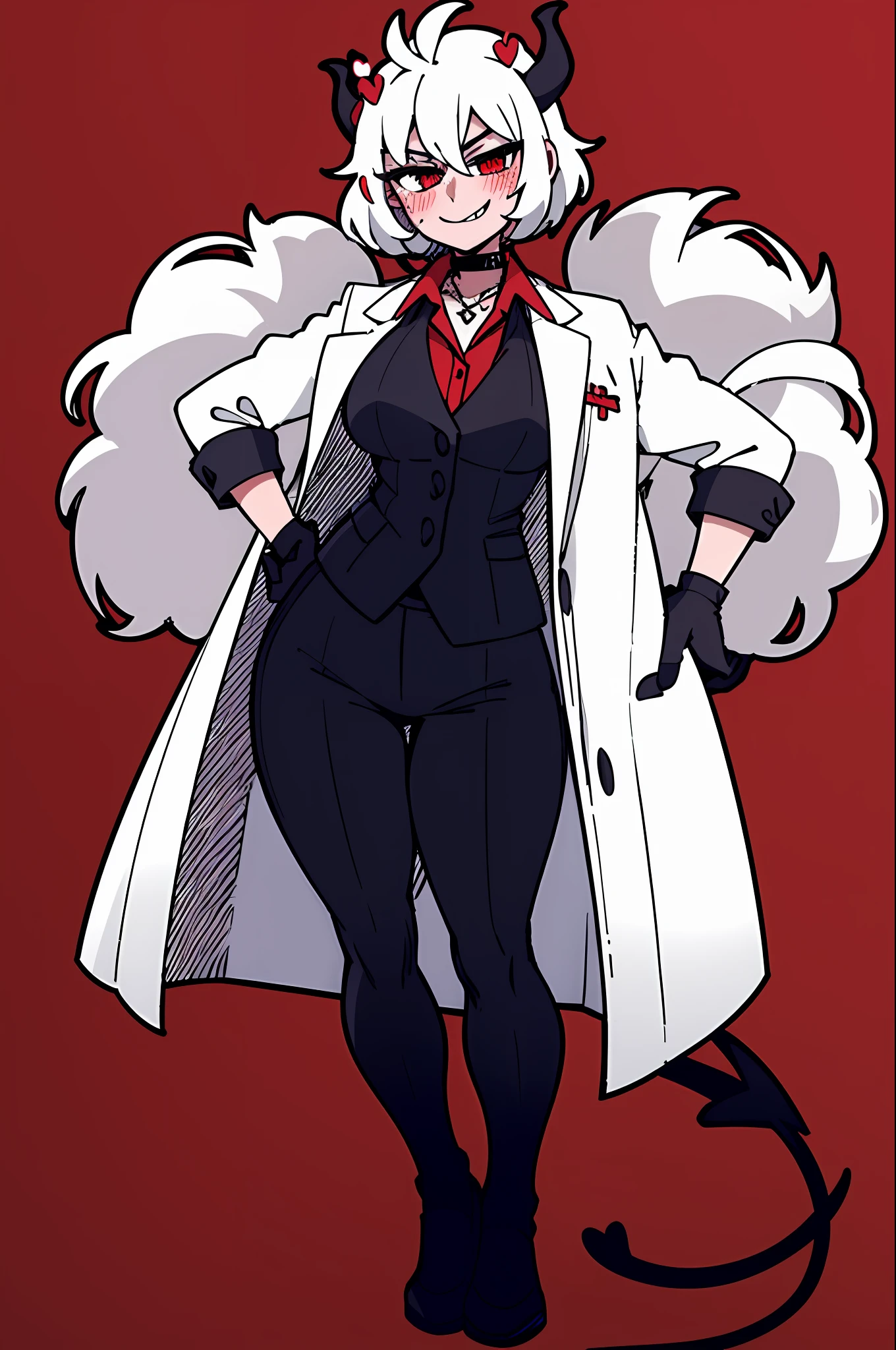 1girl, solo, black gloves, breasts, wide hips, blush, blushing, thick thighs, cross necklace, heart eyes, full body shot, horns on head, demon tail, black white and red outfit, red black and white background colors, white hair, tomboy, tall, hands on hips, short hair, smirk, dress shoes, red undershirt, suit vest, suit pants, white suit