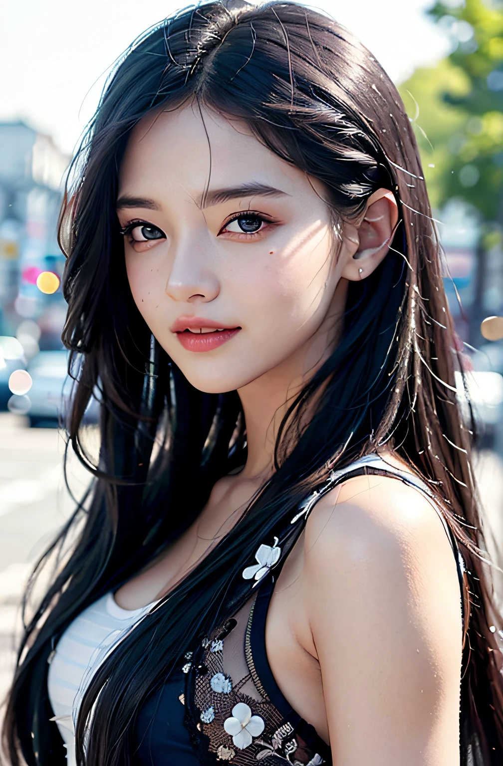 best of quality、巨作、photoRealstic、intricate-detail、Raw foto、Photon Rendering、Octane Rendering、absurderes、ultra hyper-detailed、detailed faces、Detailed skin、trend on artstation、in 8K、巨作、lighting like a movie、( (1girl in))、((独奏) ))、((Behold))、CG Social Trends、Plastic En、((Black Long Hair))、((a beautiful female))、(a smile)、Dark blue clothes、(White Skin Skin)、Fashionable、A sexy、hair flowing in wind、((Flowing hair))、happy、fashion magazine、((lighting like a movie))、Paris、