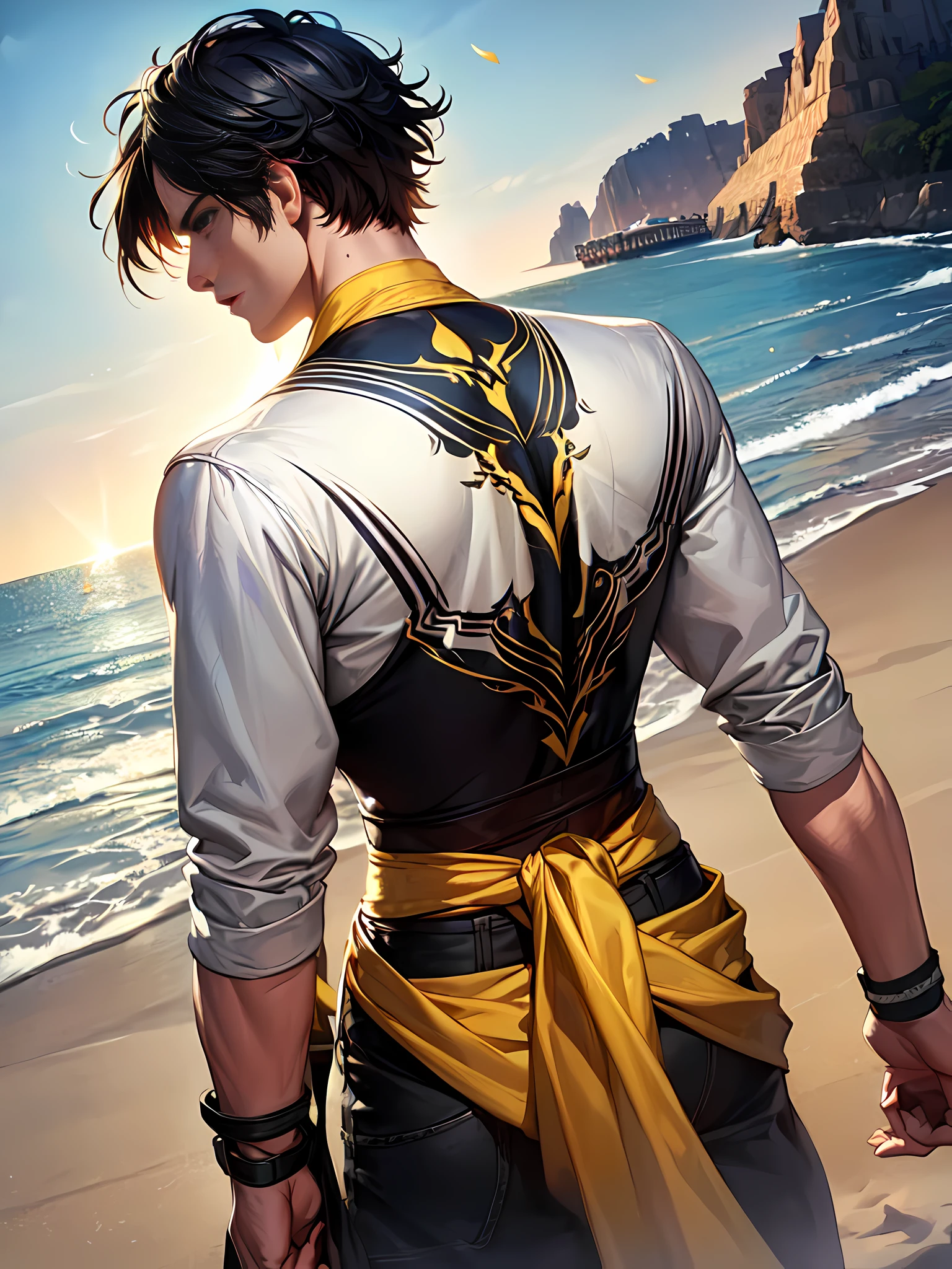 Realistic, (masterpiece, top quality, best quality, official art), very detailed, colorful, most detailed, short hair, black hair, handsome man, sand, sandy background, wind, yellow aura background, rim light, back light,