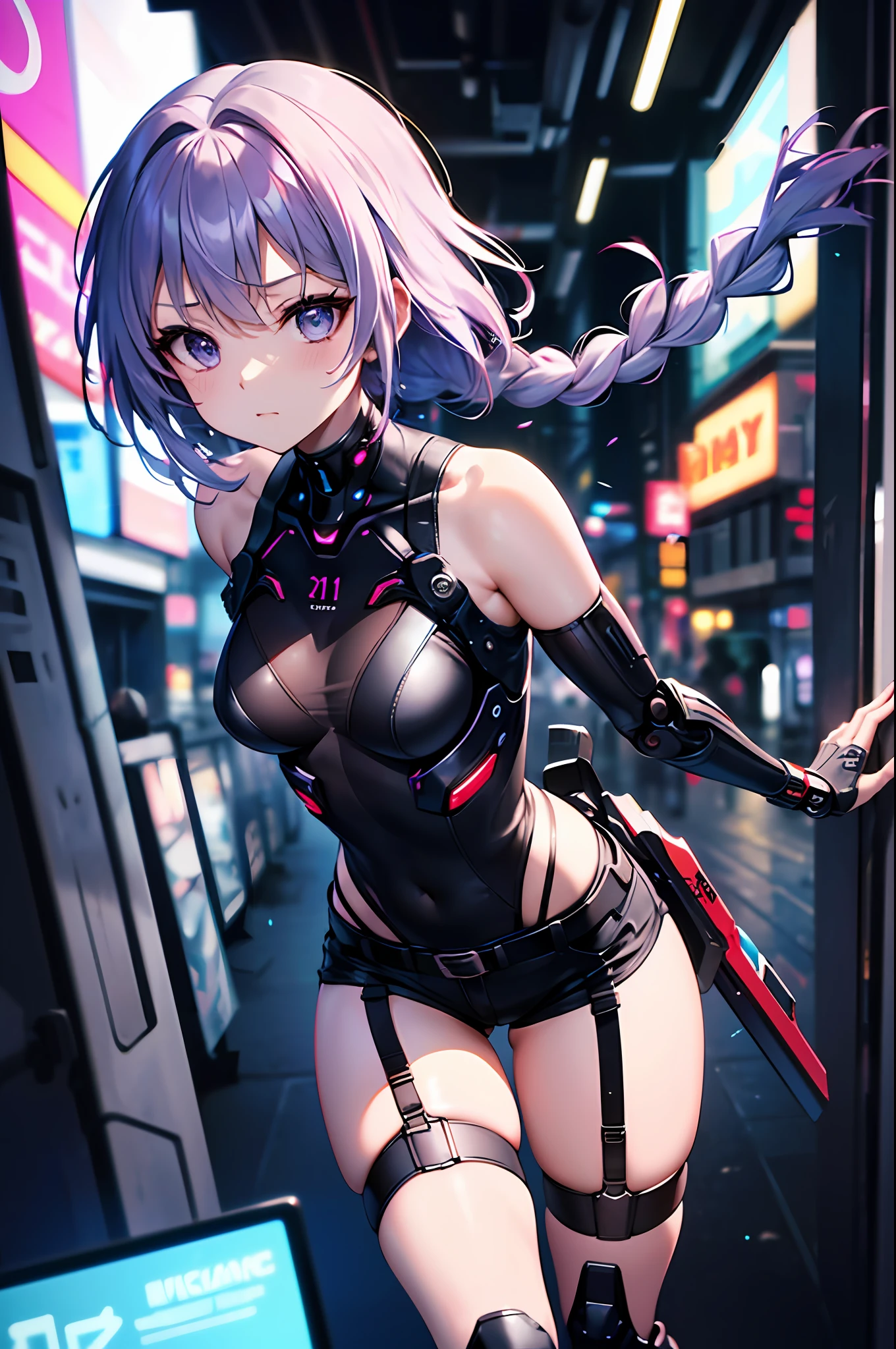 Top quality, masterpiece, ultra-detailed, accurate depiction, highly detailed 8k wallpaper, beautiful mechanical girl, solo, (long braid with purple hair), (exoskeleton leotard and short_shorts: 1.1), mechanical garter belt, (mechanical joint, mechanical rim), five fingers, mechanical cyber goggles, (exposed bare shoulders, exposed thighs: 1.2), dynamic angle, (Slow motion:1.2), (motion blur:1.5), (thin waist, small breasts), Cyberpunk City,