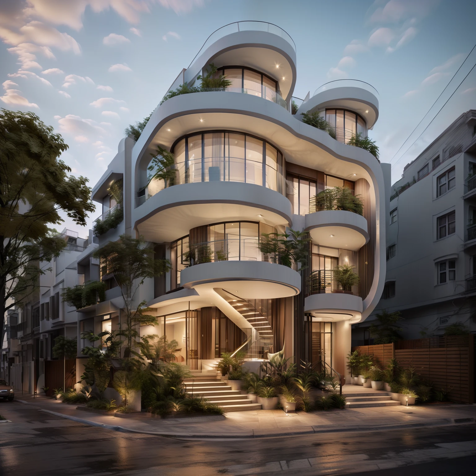 Townhouse, daylight ( best quality) ((high solution)) ,(( photo realistic)) ,warm light, (sharp focus) front view of townhouse in style of modern,small house, Narrow area,VietNam,facade, curved arch,beautiful facade,curved windown,narrow and long ,two-storey,mutual colours, soft lighting, warm atmosphere,high Resolution, hyper detailed,4k ,vray render, octane render, hyper realistic, photography expert ,exterior design , professional photography, exterior photography,wide-angle shot , ultra detail , high Resolution , full frame, full body